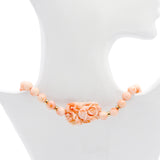 14k Yellow Gold Angel Skin Coral Beaded Necklace w/ Double-Sided Carved Pendant