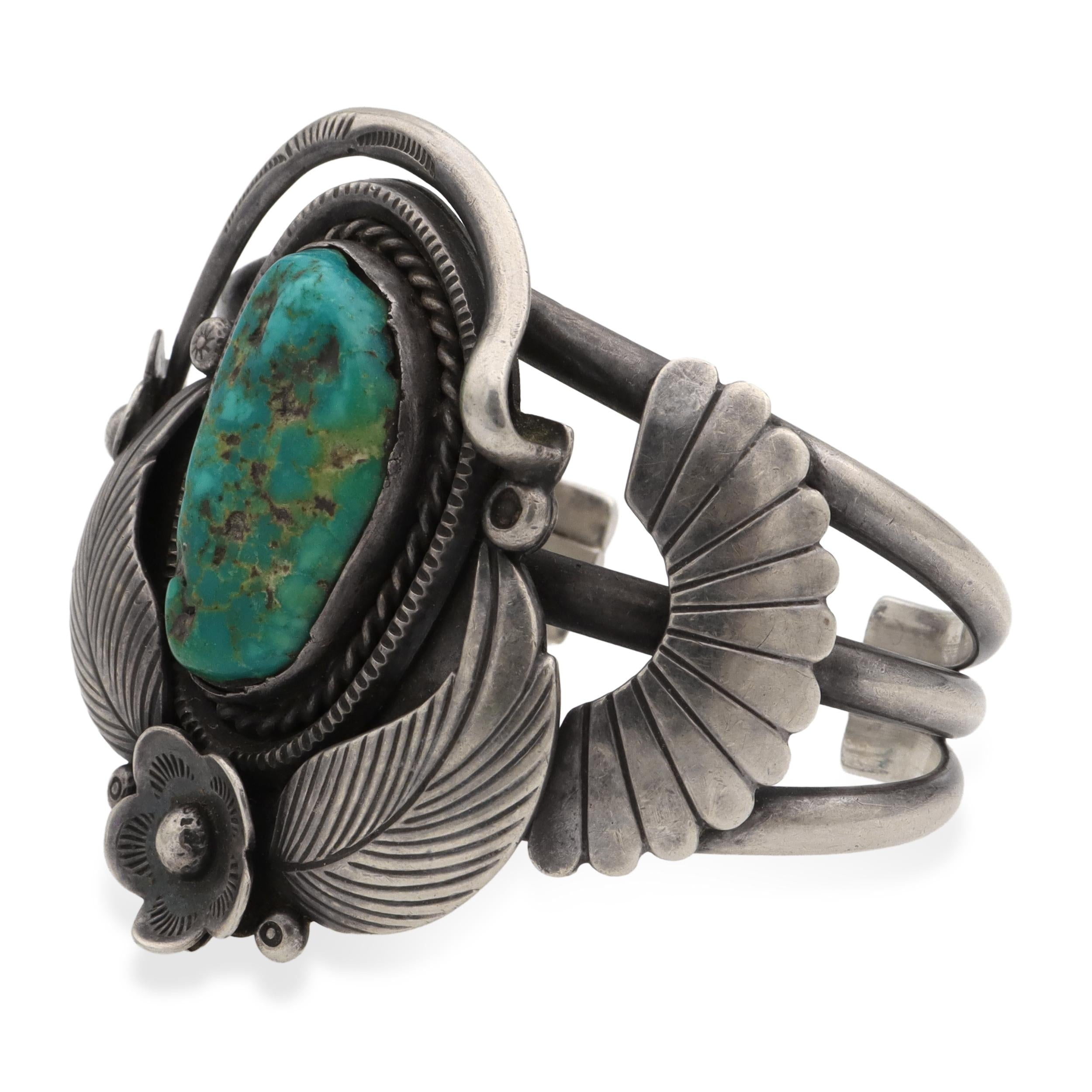 Vintage Sterling Silver Turquoise Floral Cuff