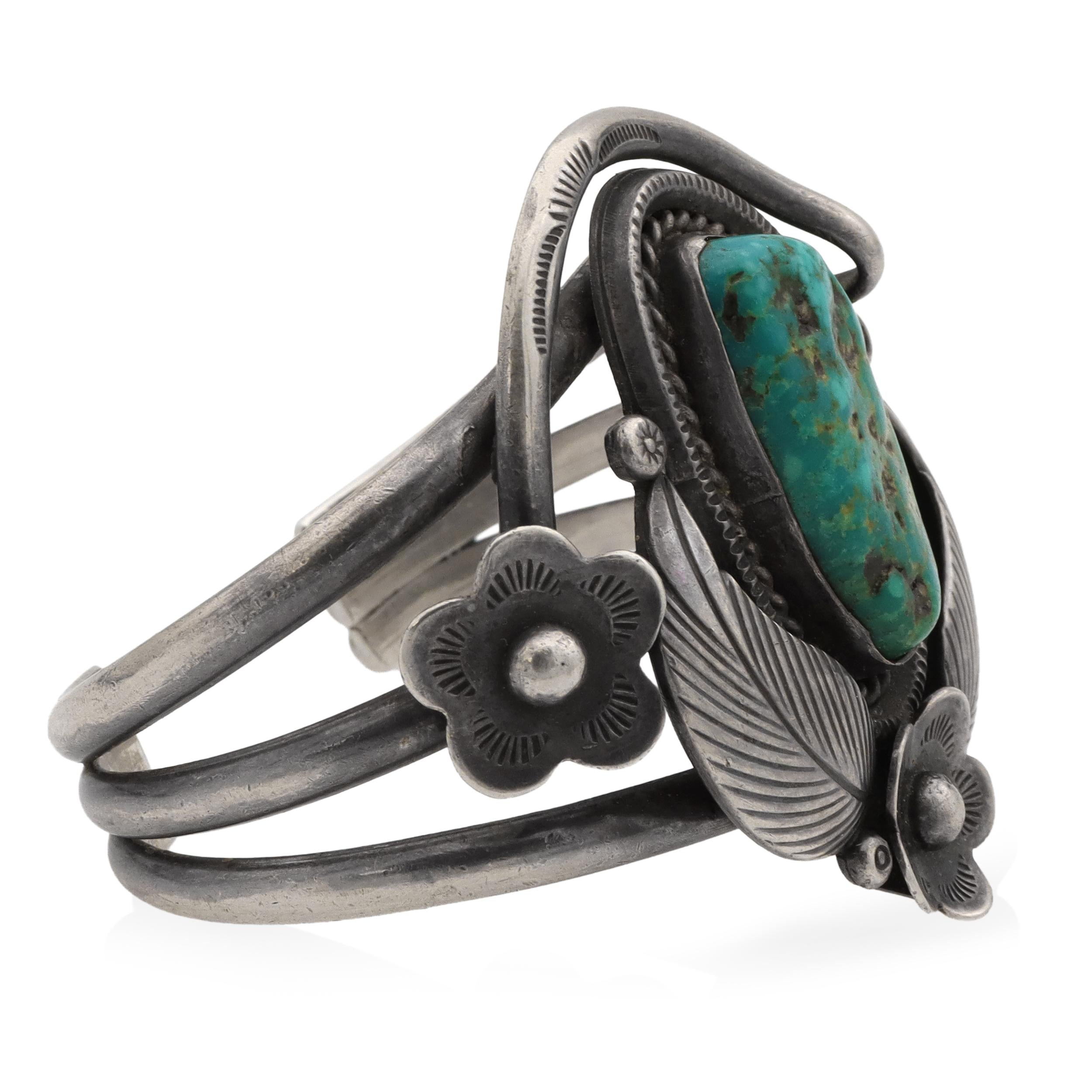 Vintage Sterling Silver Turquoise Floral Cuff
