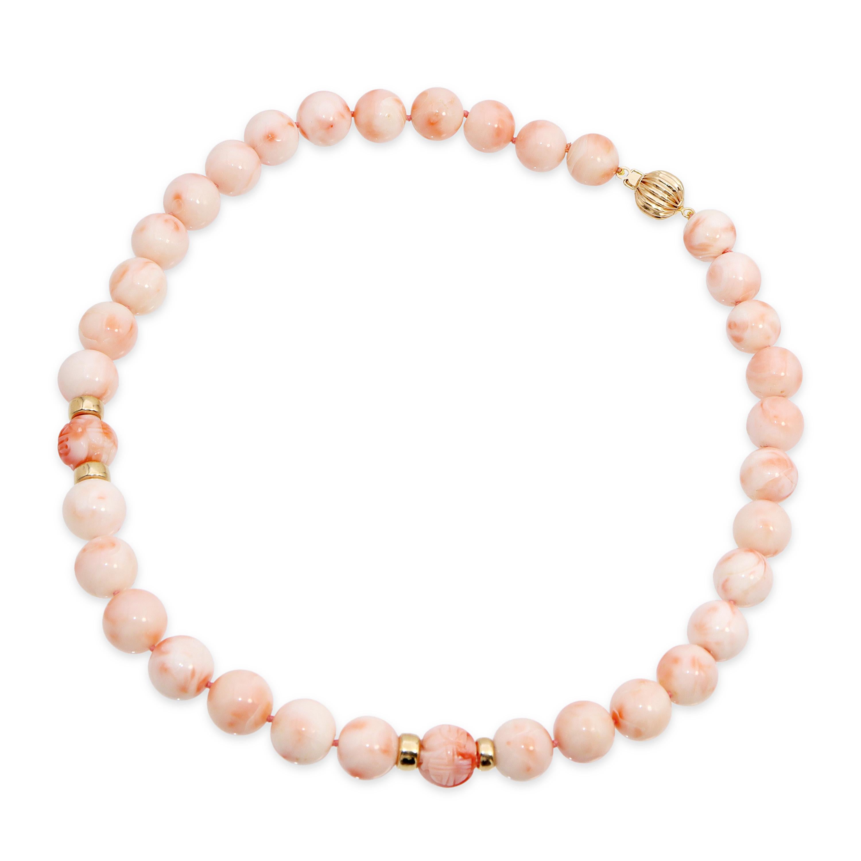 14k Yellow Gold Angel Skin Coral Beaded Necklace with Carved Accents