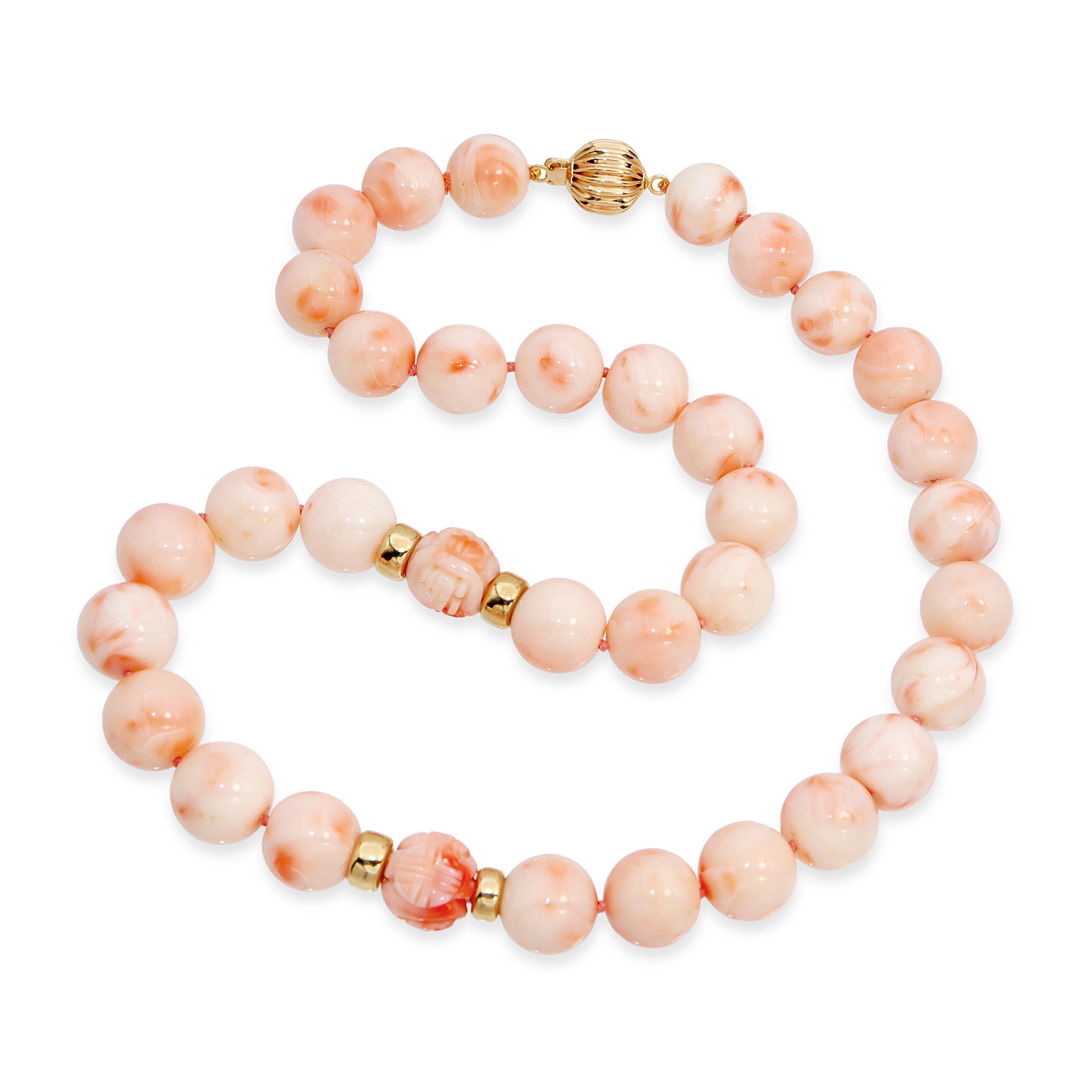 14k Yellow Gold Angel Skin Coral Beaded Necklace with Carved Accents