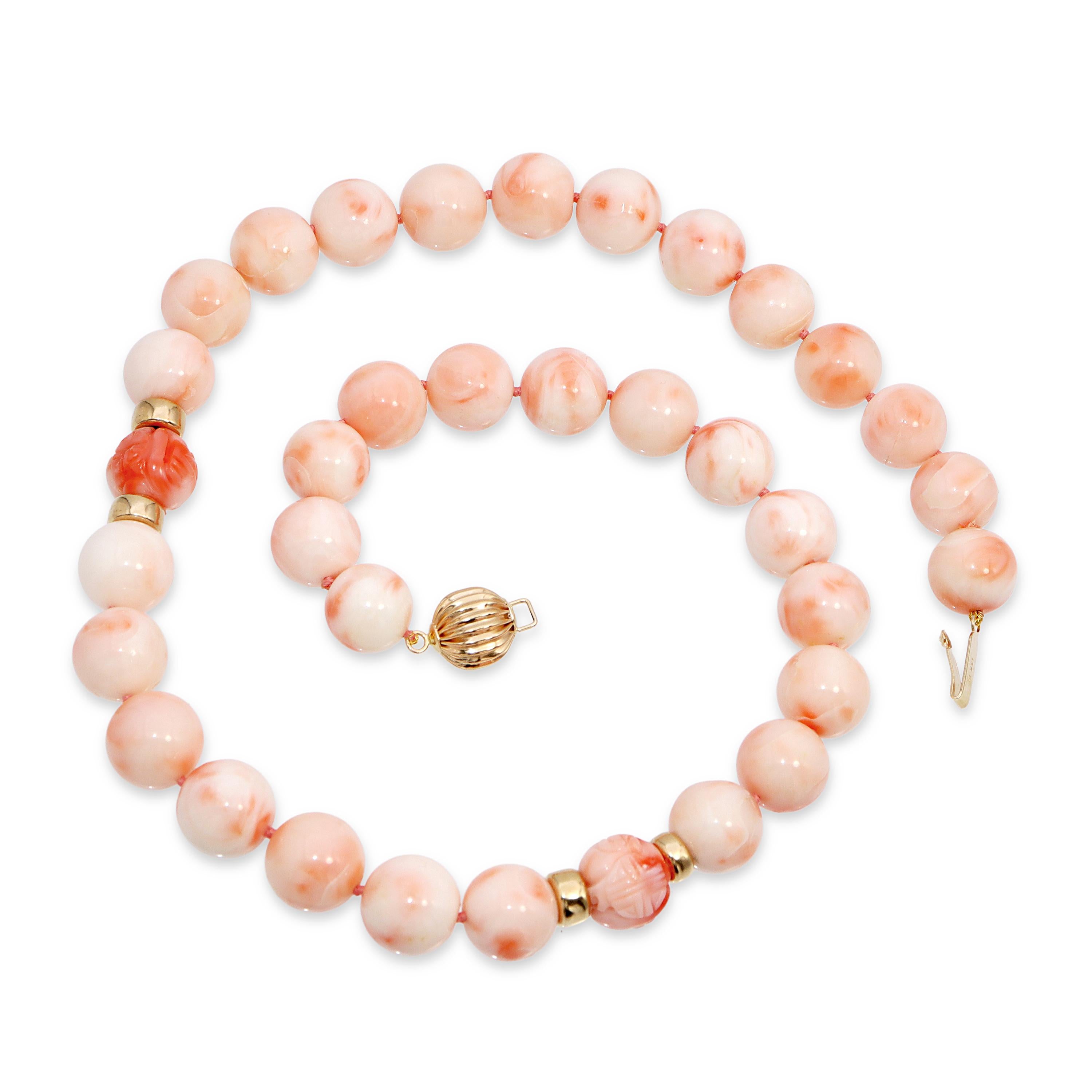 14k Yellow Gold Angel Skin Coral Beaded Necklace with Carved Accents