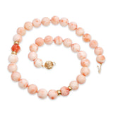 14k Yellow Gold Angel Skin Coral Beaded Necklace with Carved Accents