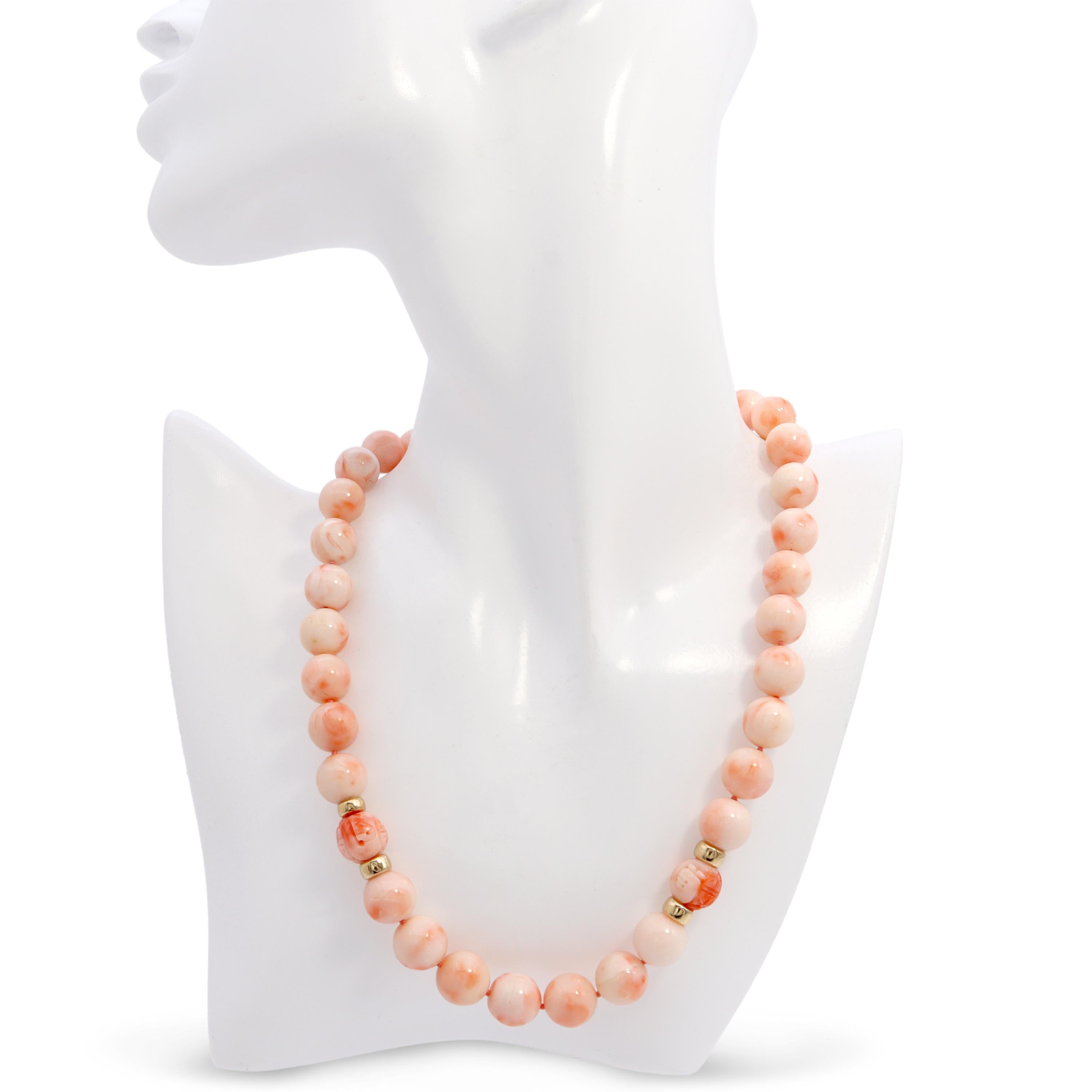 14k Yellow Gold Angel Skin Coral Beaded Necklace with Carved Accents