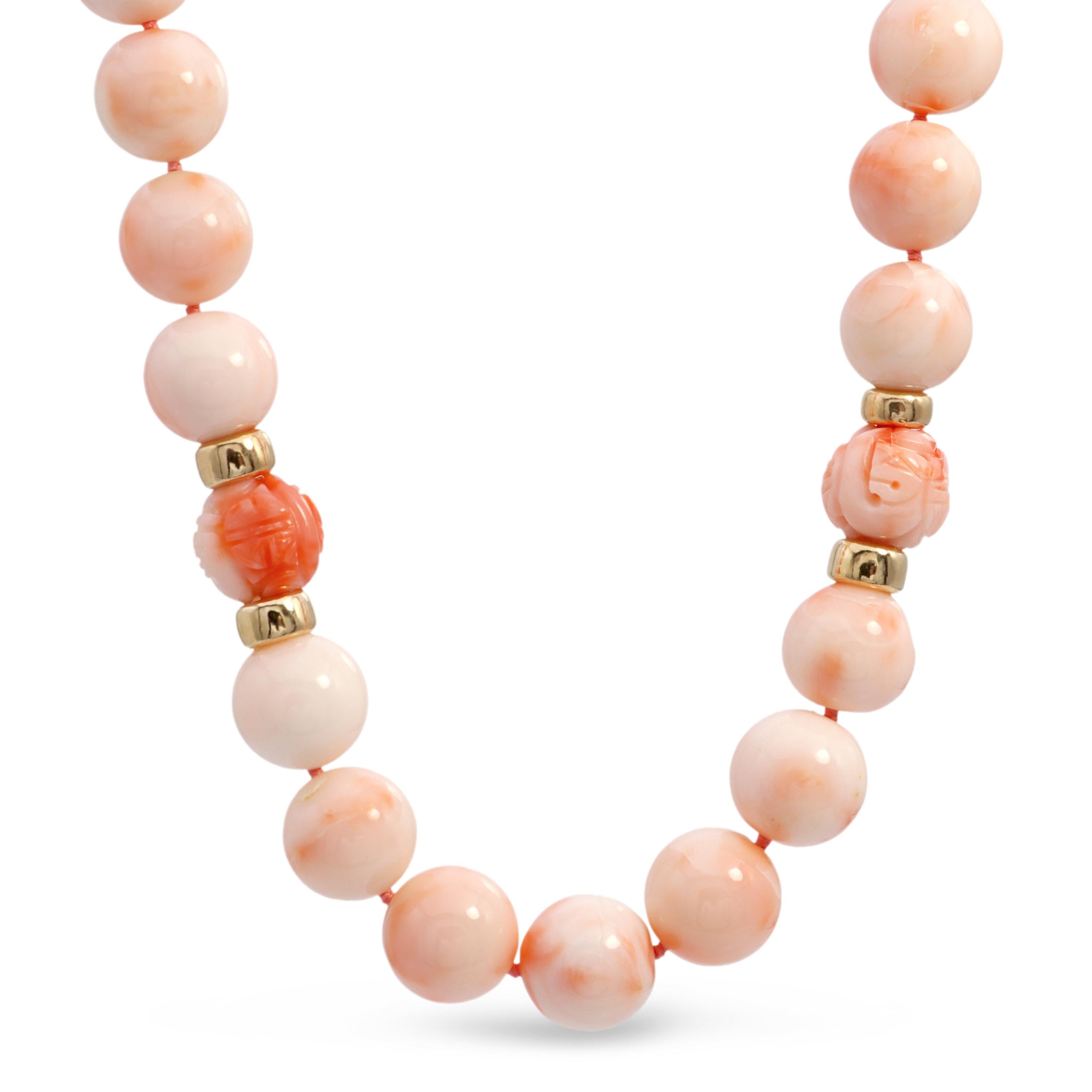 14k Yellow Gold Angel Skin Coral Beaded Necklace with Carved Accents