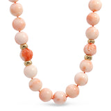 14k Yellow Gold Angel Skin Coral Beaded Necklace with Carved Accents