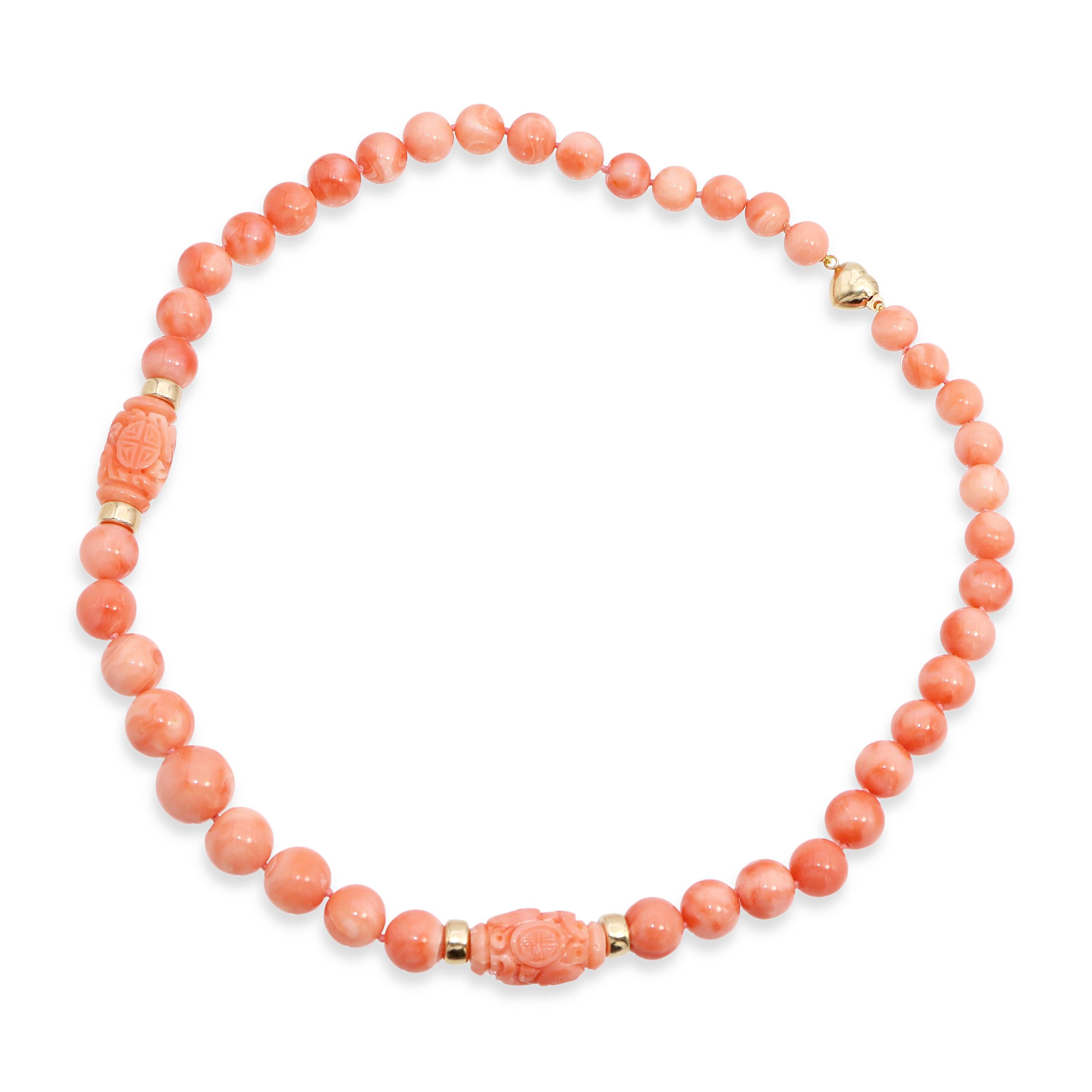 14k Yellow Gold Salmon Coral Graduated Bead Necklace with Carved Accents