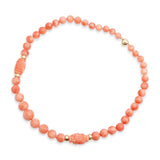 14k Yellow Gold Salmon Coral Graduated Bead Necklace with Carved Accents
