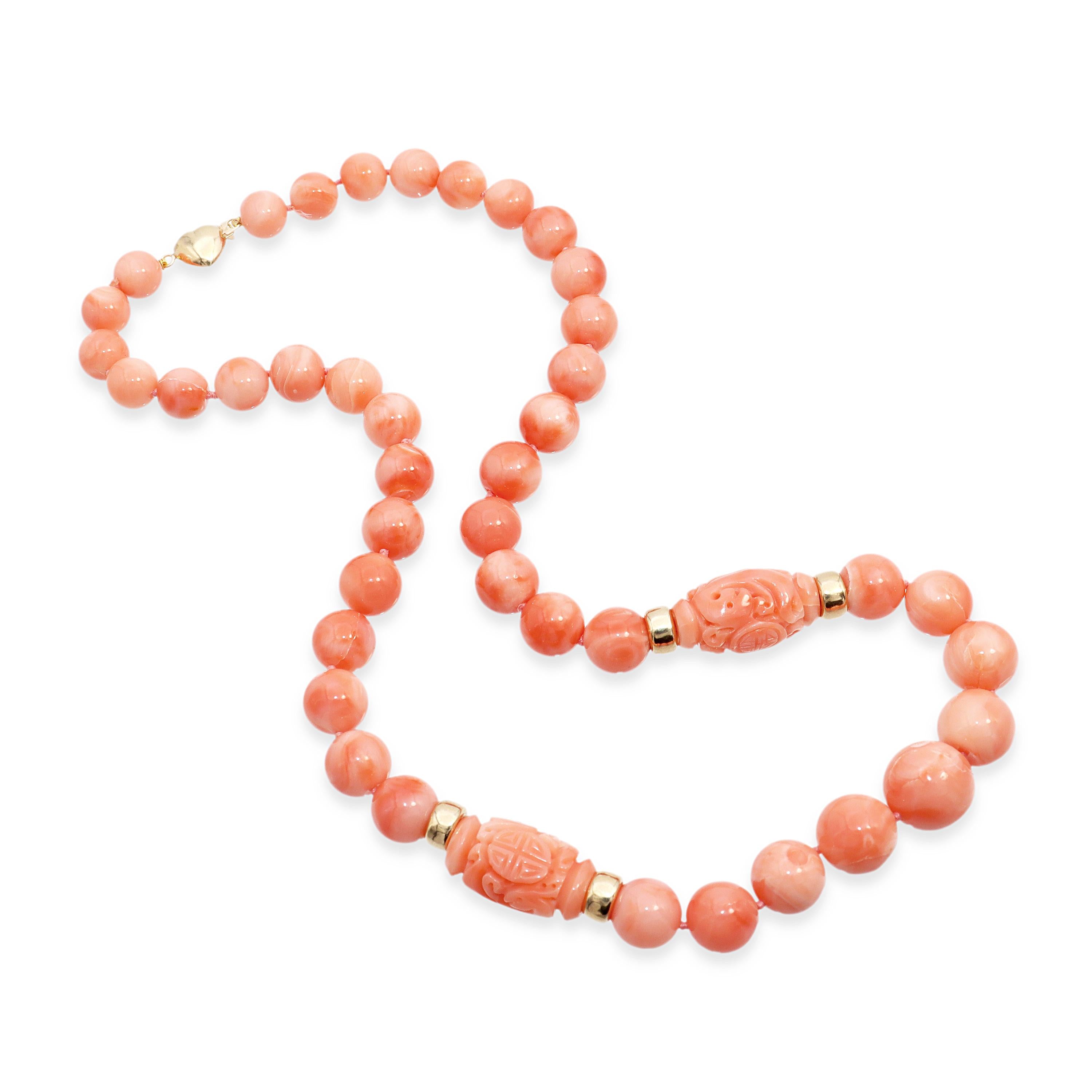 14k Yellow Gold Salmon Coral Graduated Bead Necklace with Carved Accents