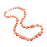 14k Yellow Gold Salmon Coral Graduated Bead Necklace with Carved Accents
