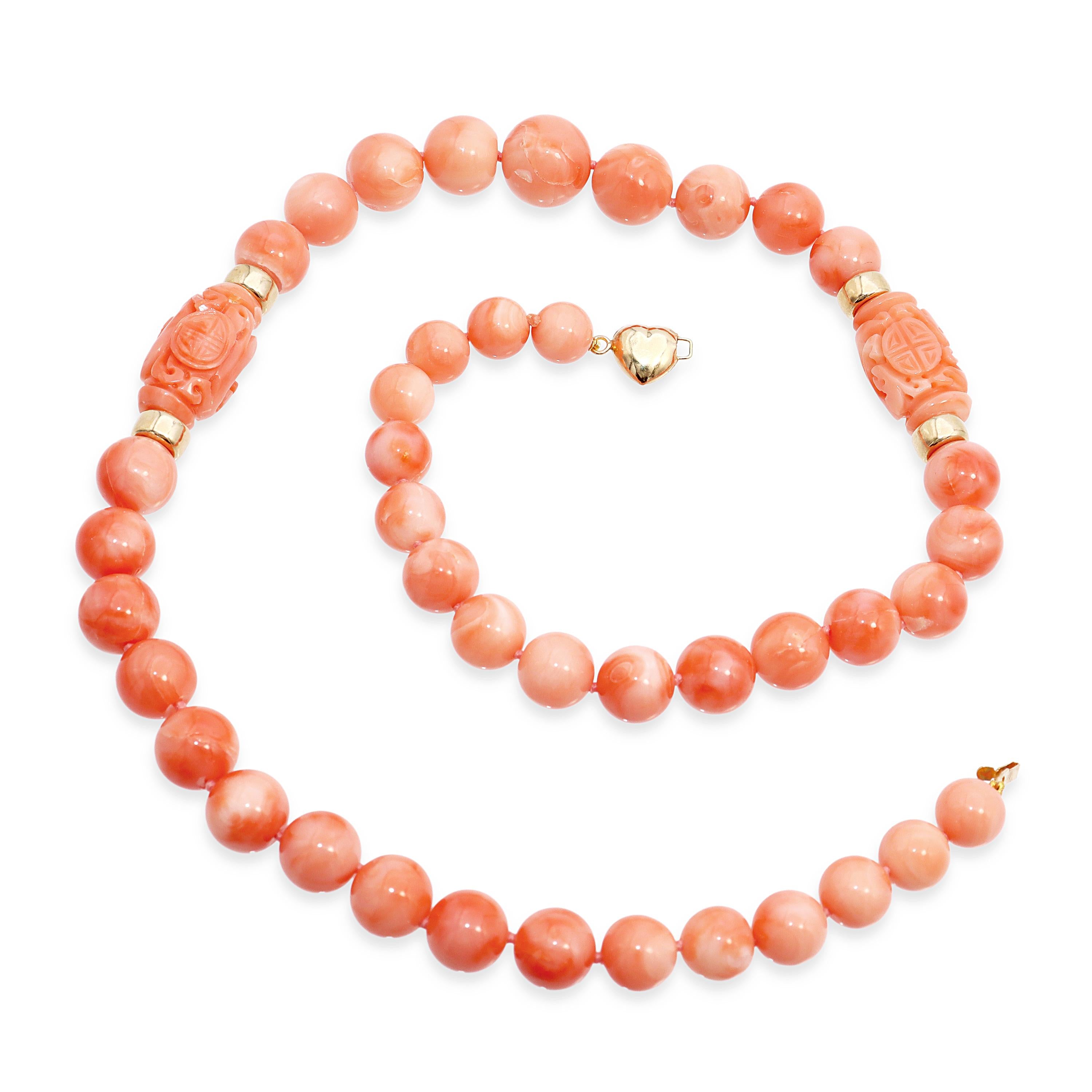 14k Yellow Gold Salmon Coral Graduated Bead Necklace with Carved Accents