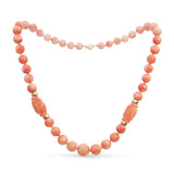 14k Yellow Gold Salmon Coral Graduated Bead Necklace with Carved Accents