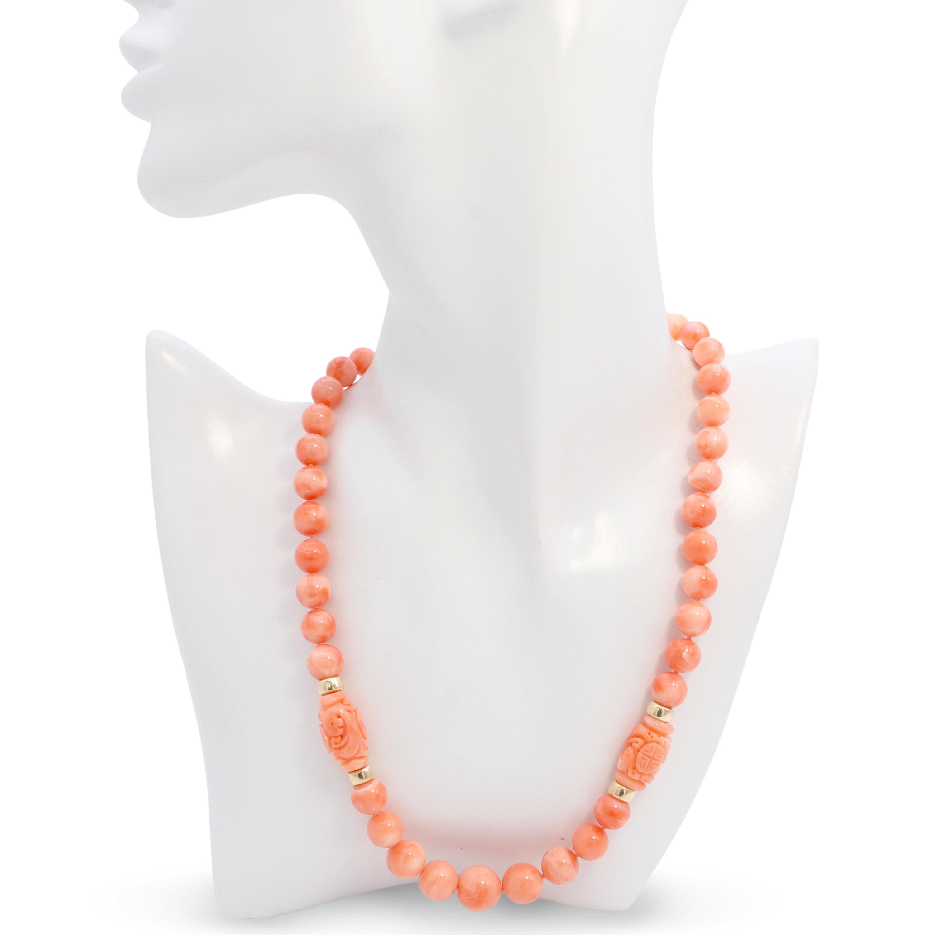 14k Yellow Gold Salmon Coral Graduated Bead Necklace with Carved Accents