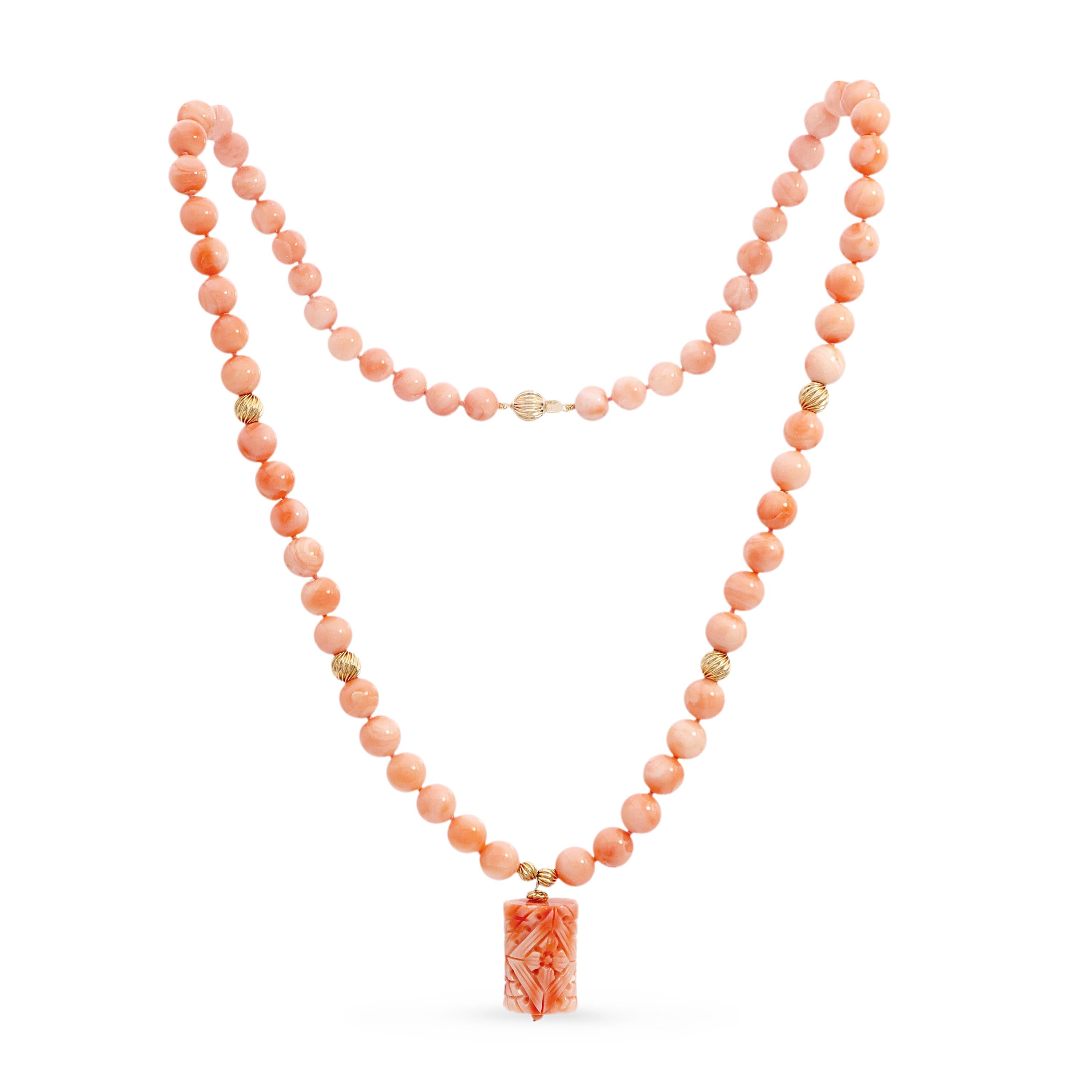 14k Yellow Gold Salmon Coral Beaded Necklace with Carved Coral Pendant