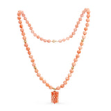 14k Yellow Gold Salmon Coral Beaded Necklace with Carved Coral Pendant