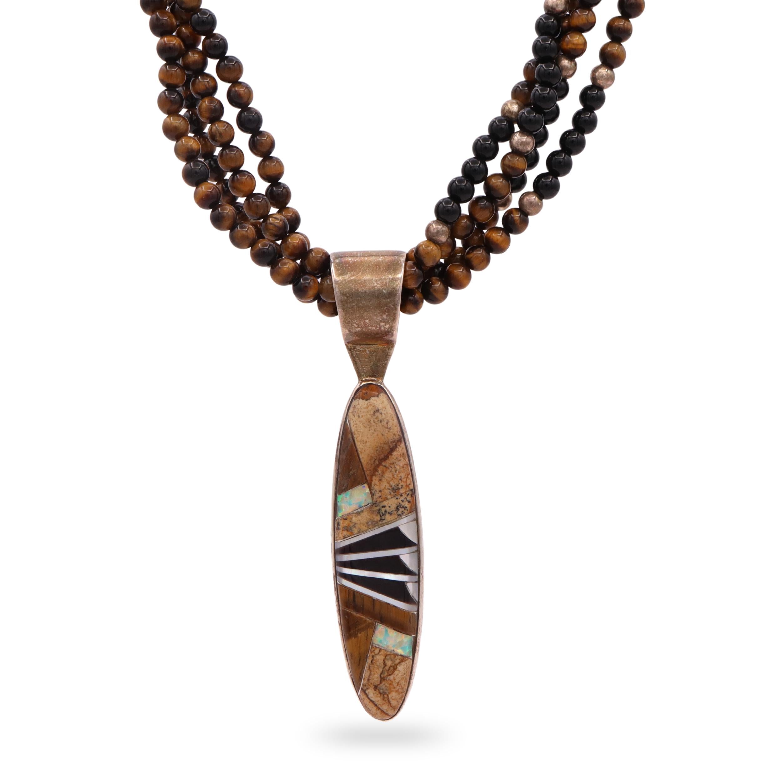 Vintage Southwest Sterling Silver Multi-Stone Inlay Beaded Multi-Strand Necklace
