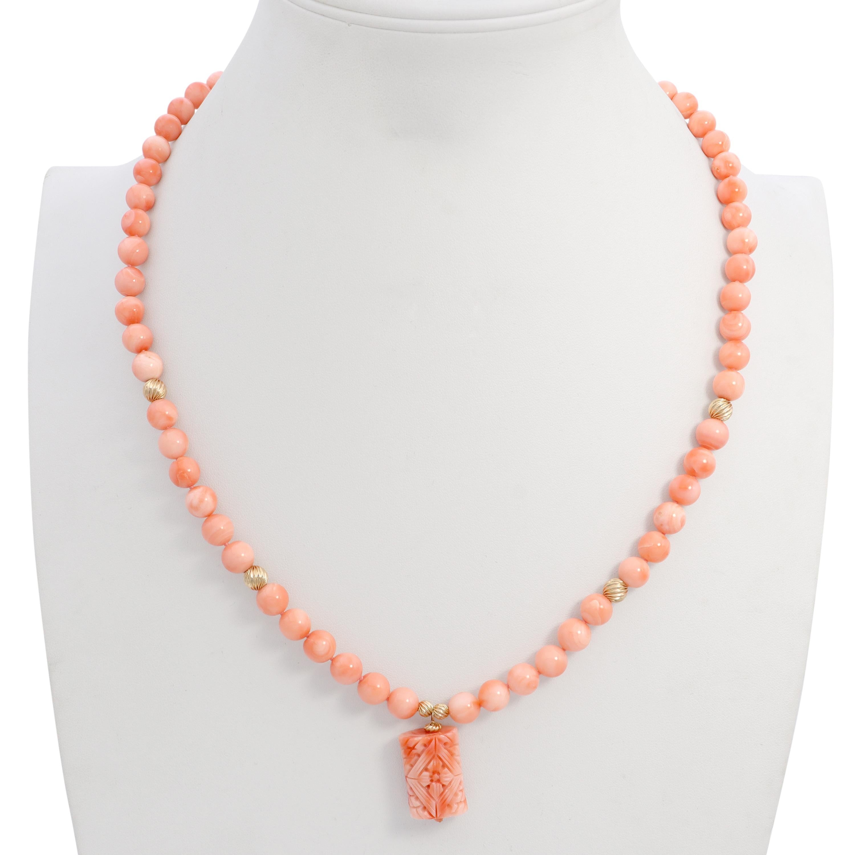 14k Yellow Gold Salmon Coral Beaded Necklace with Carved Coral Pendant