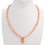 14k Yellow Gold Salmon Coral Beaded Necklace with Carved Coral Pendant
