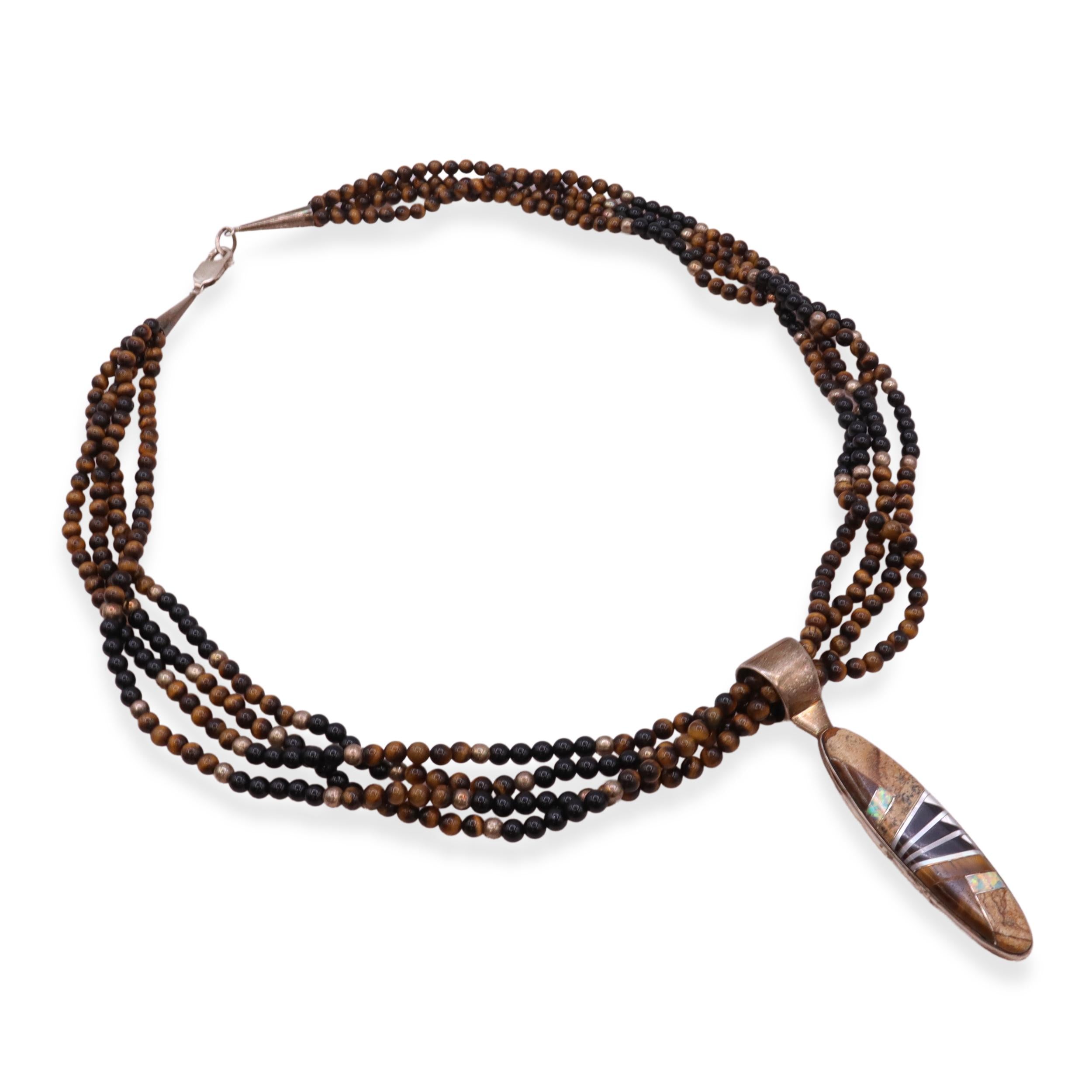 Vintage Southwest Sterling Silver Multi-Stone Inlay Beaded Multi-Strand Necklace