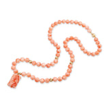 14k Yellow Gold Salmon Coral Beaded Necklace with Carved Coral Pendant