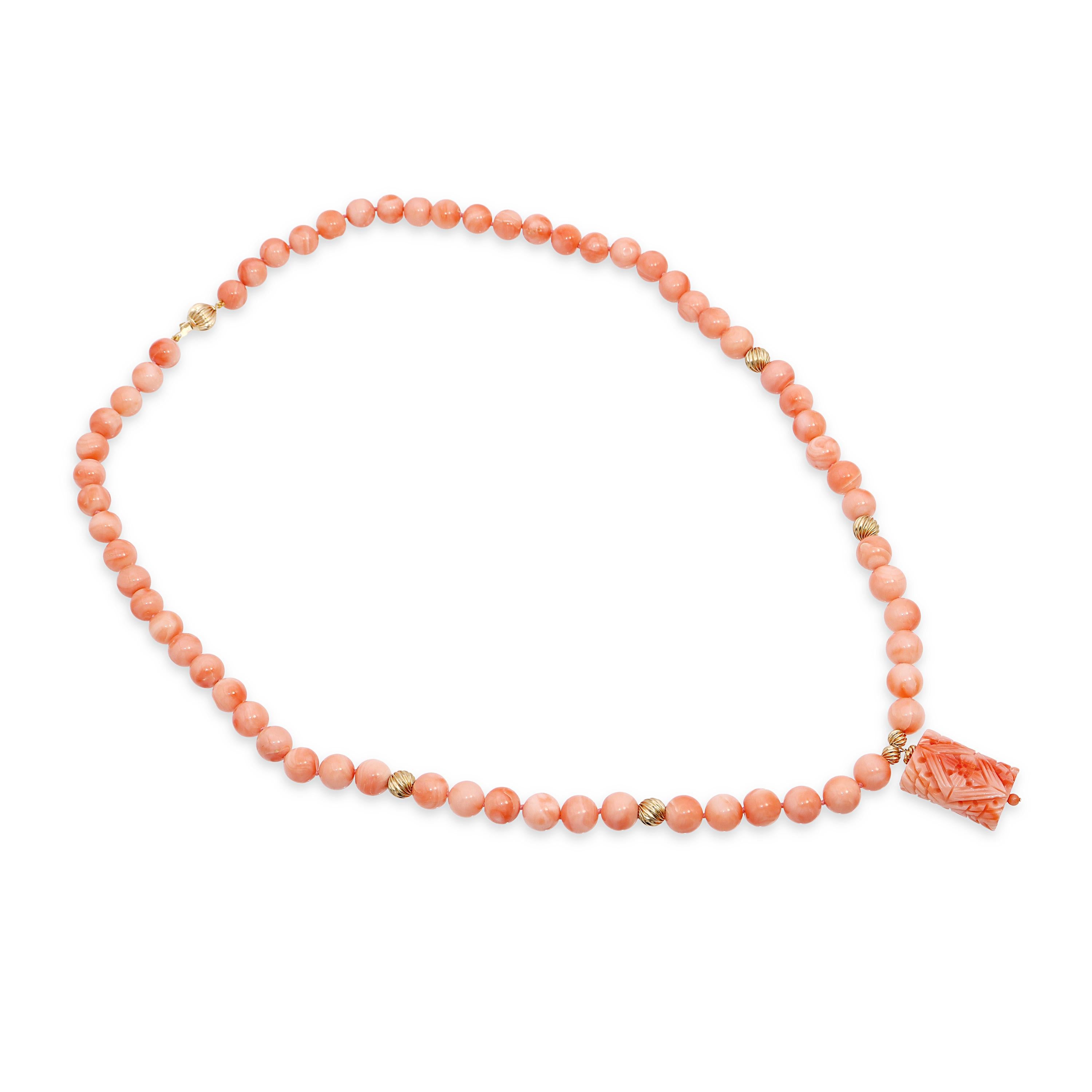 14k Yellow Gold Salmon Coral Beaded Necklace with Carved Coral Pendant