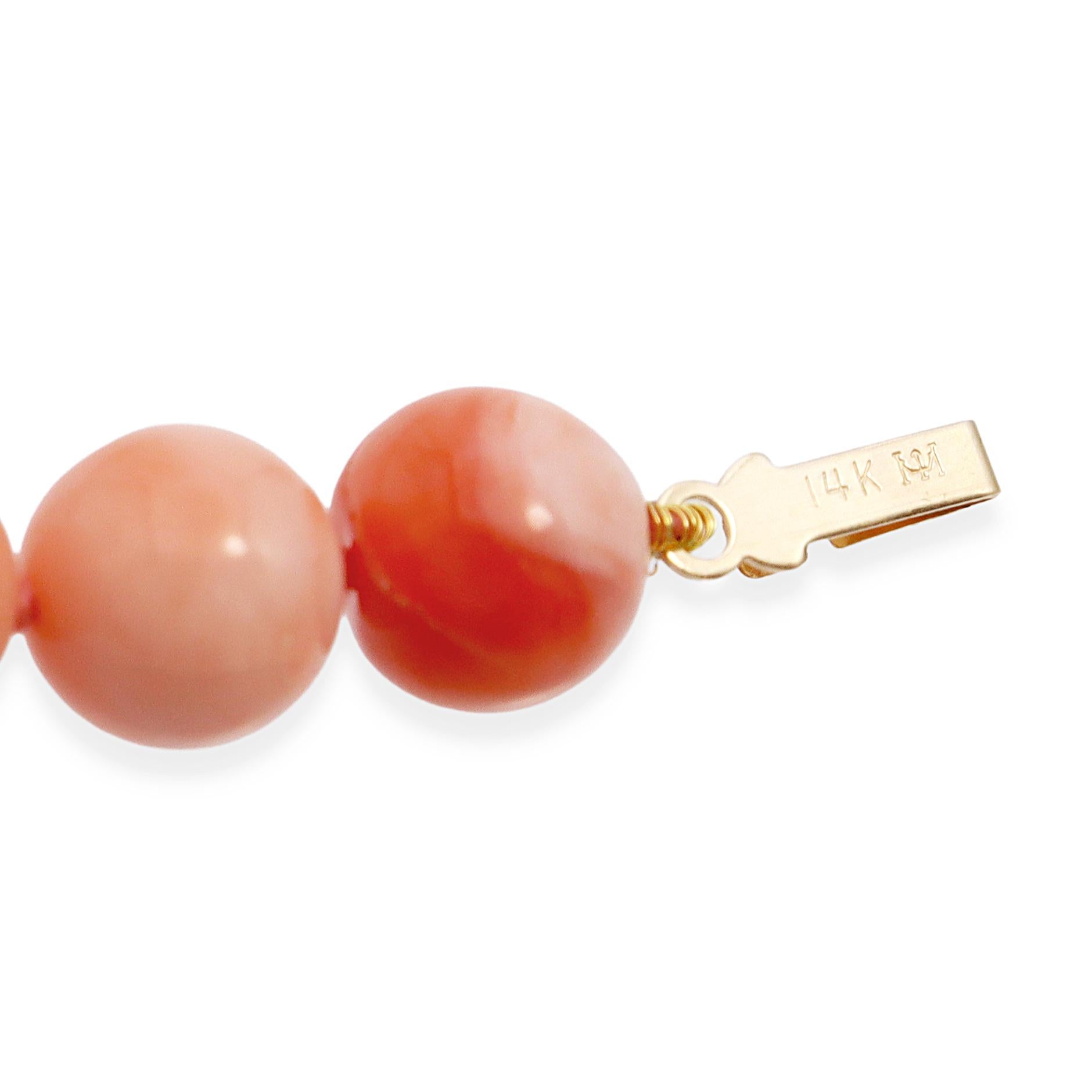 14k Yellow Gold Salmon Coral Beaded Necklace with Carved Coral Pendant