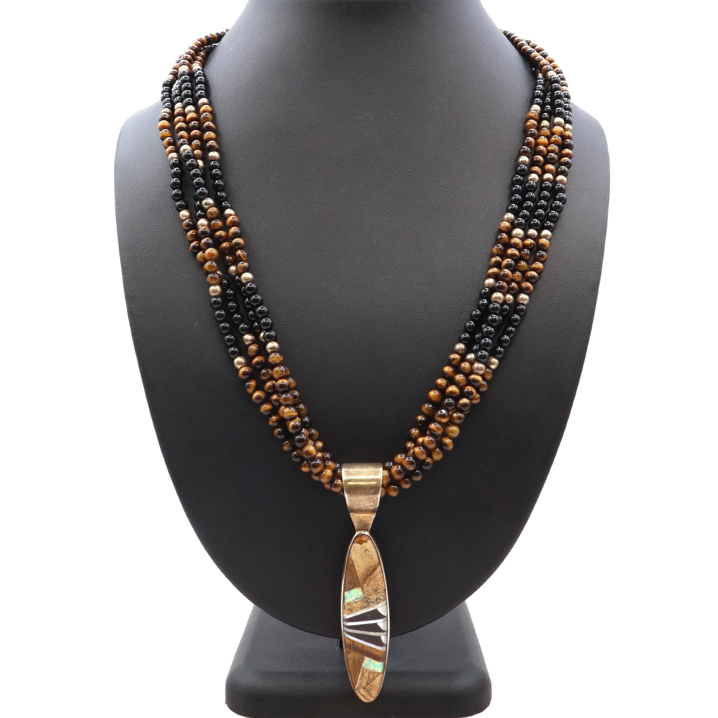 Vintage Southwest Sterling Silver Multi-Stone Inlay Beaded Multi-Strand Necklace