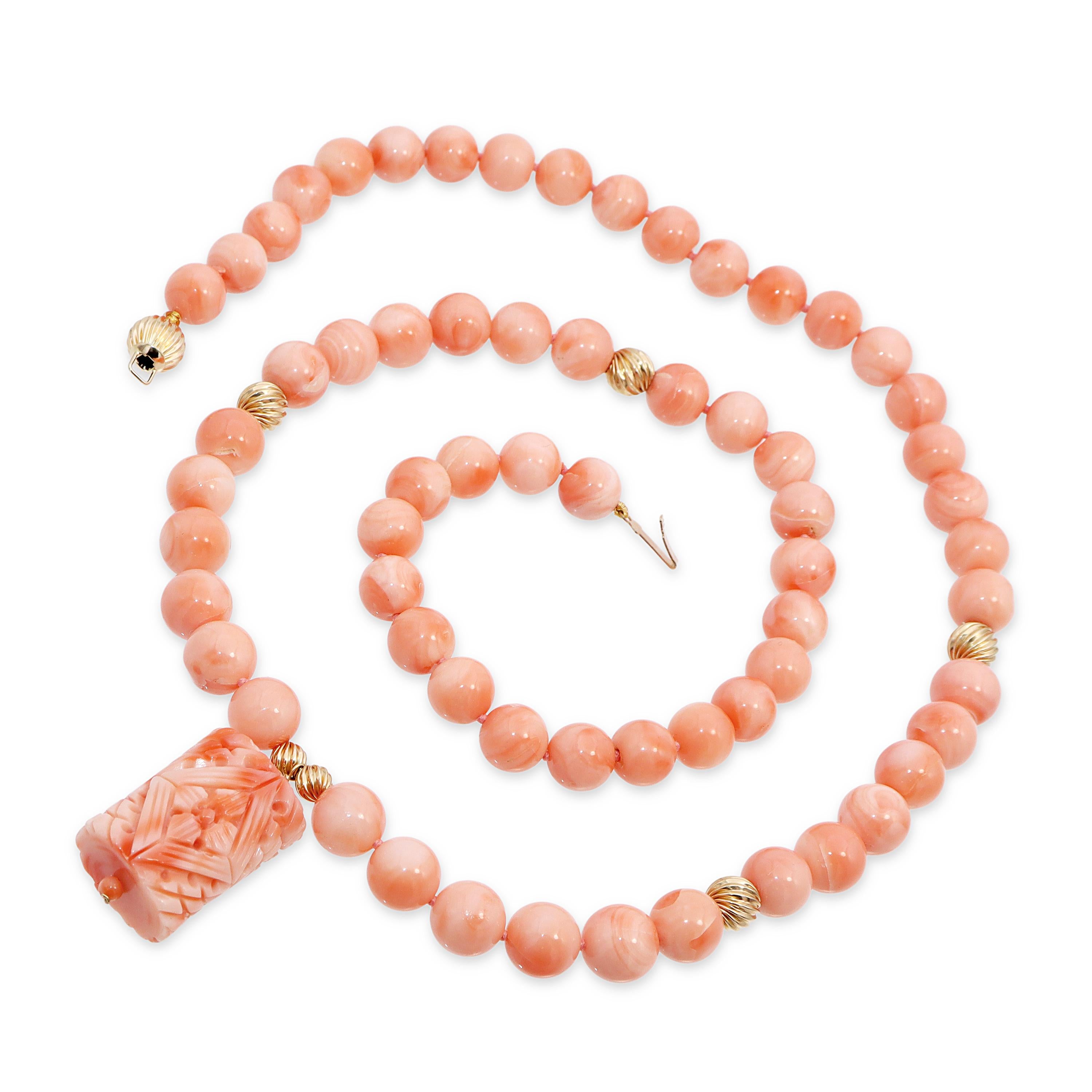 14k Yellow Gold Salmon Coral Beaded Necklace with Carved Coral Pendant