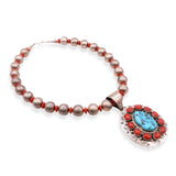 Vintage H. Begay Navajo Sterling Silver Turquoise and Coral Pendant Necklace