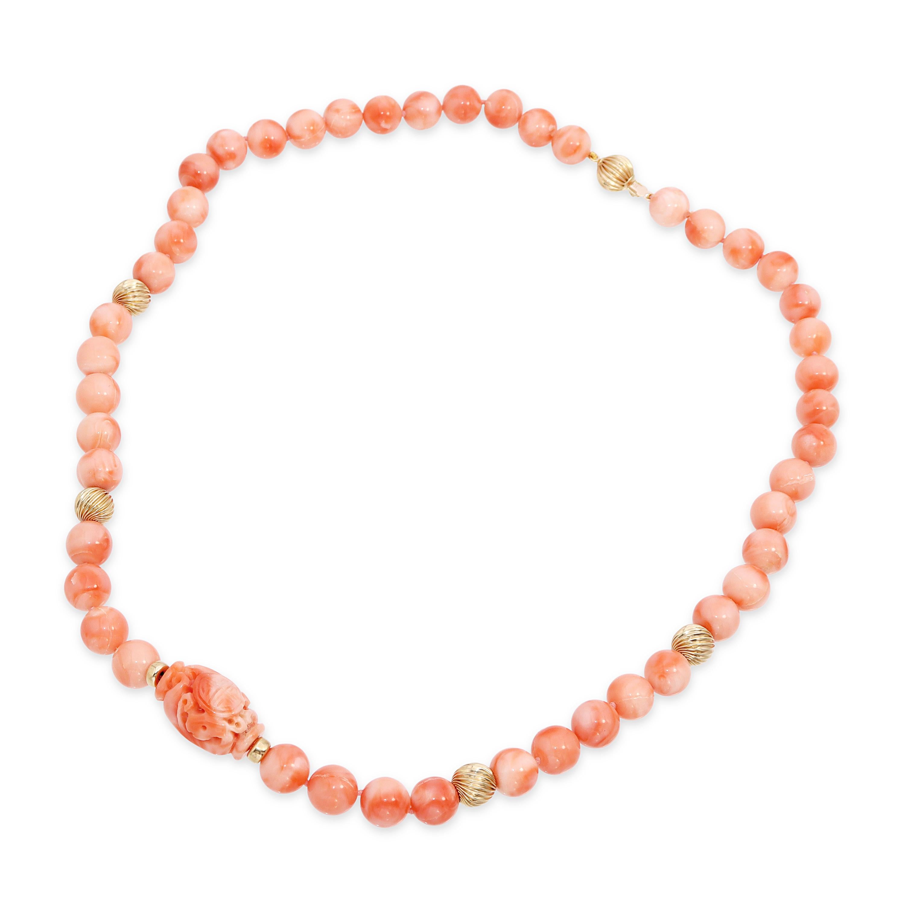 14k Yellow Gold Salmon Coral Beaded Necklace with Carved Centerpiece
