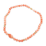 14k Yellow Gold Salmon Coral Beaded Necklace with Carved Centerpiece