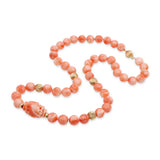 14k Yellow Gold Salmon Coral Beaded Necklace with Carved Centerpiece