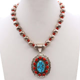 Vintage H. Begay Navajo Sterling Silver Turquoise and Coral Pendant Necklace