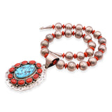 Vintage H. Begay Navajo Sterling Silver Turquoise and Coral Pendant Necklace