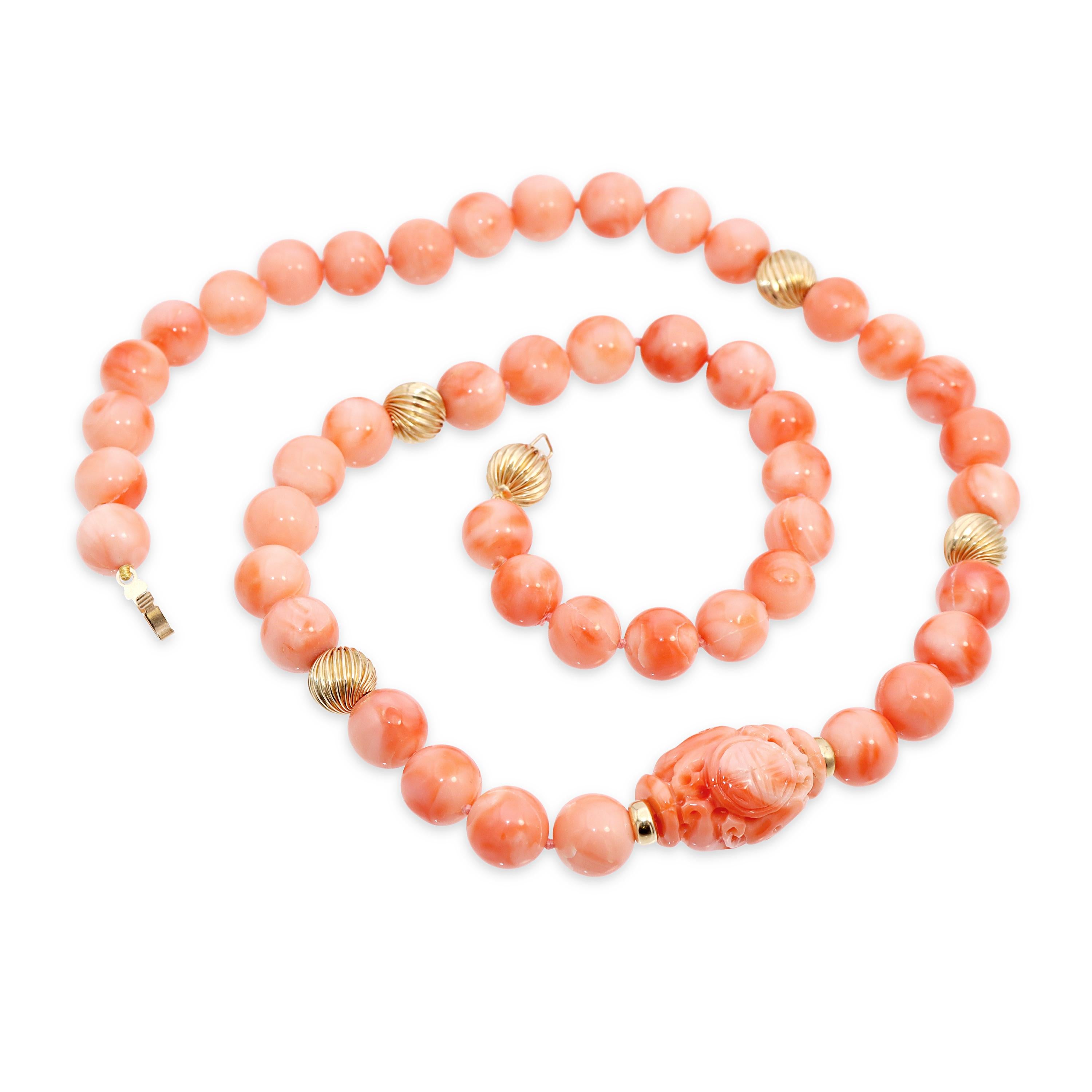 14k Yellow Gold Salmon Coral Beaded Necklace with Carved Centerpiece