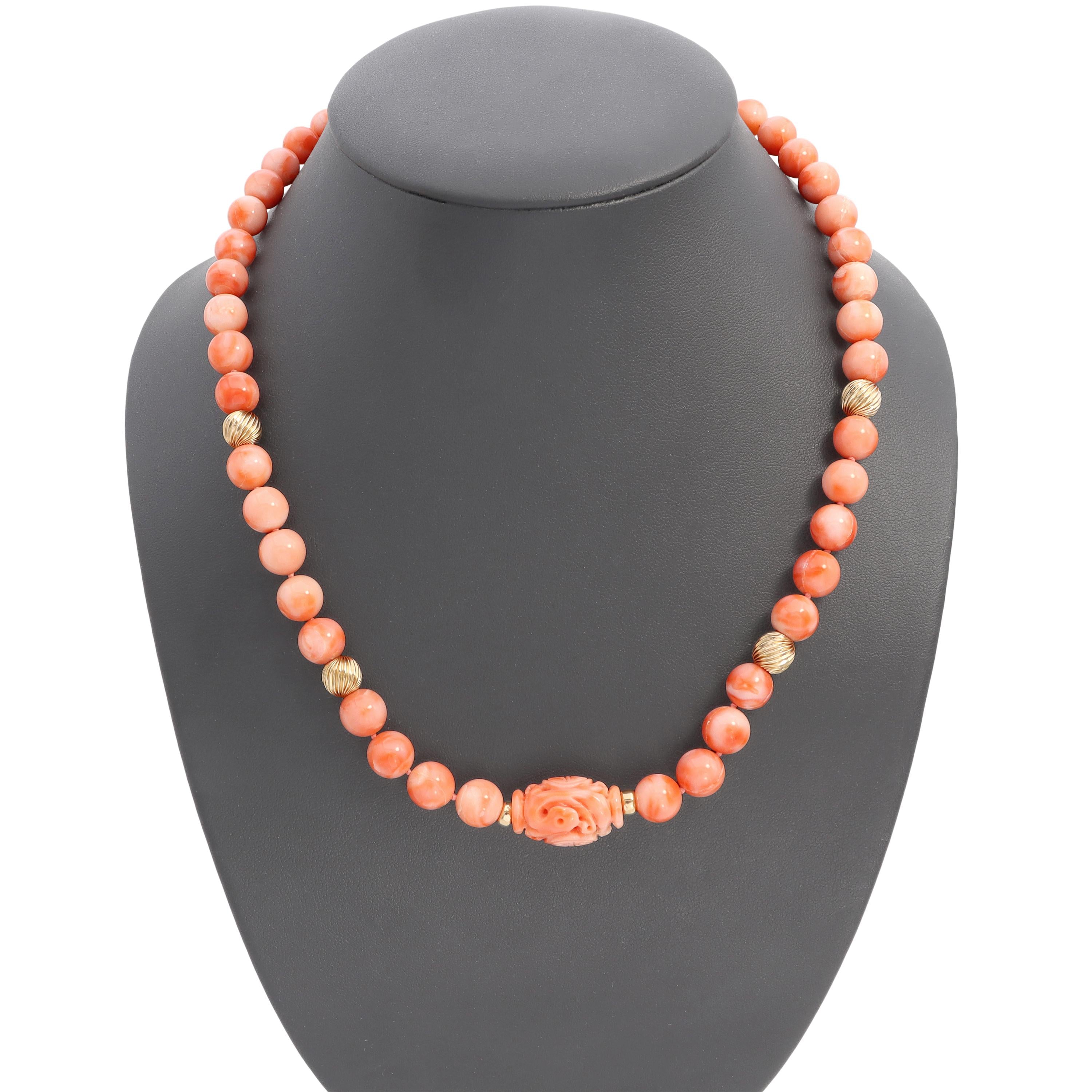 14k Yellow Gold Salmon Coral Beaded Necklace with Carved Centerpiece