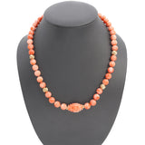 14k Yellow Gold Salmon Coral Beaded Necklace with Carved Centerpiece