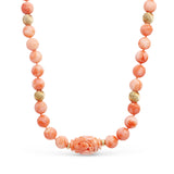 14k Yellow Gold Salmon Coral Beaded Necklace with Carved Centerpiece