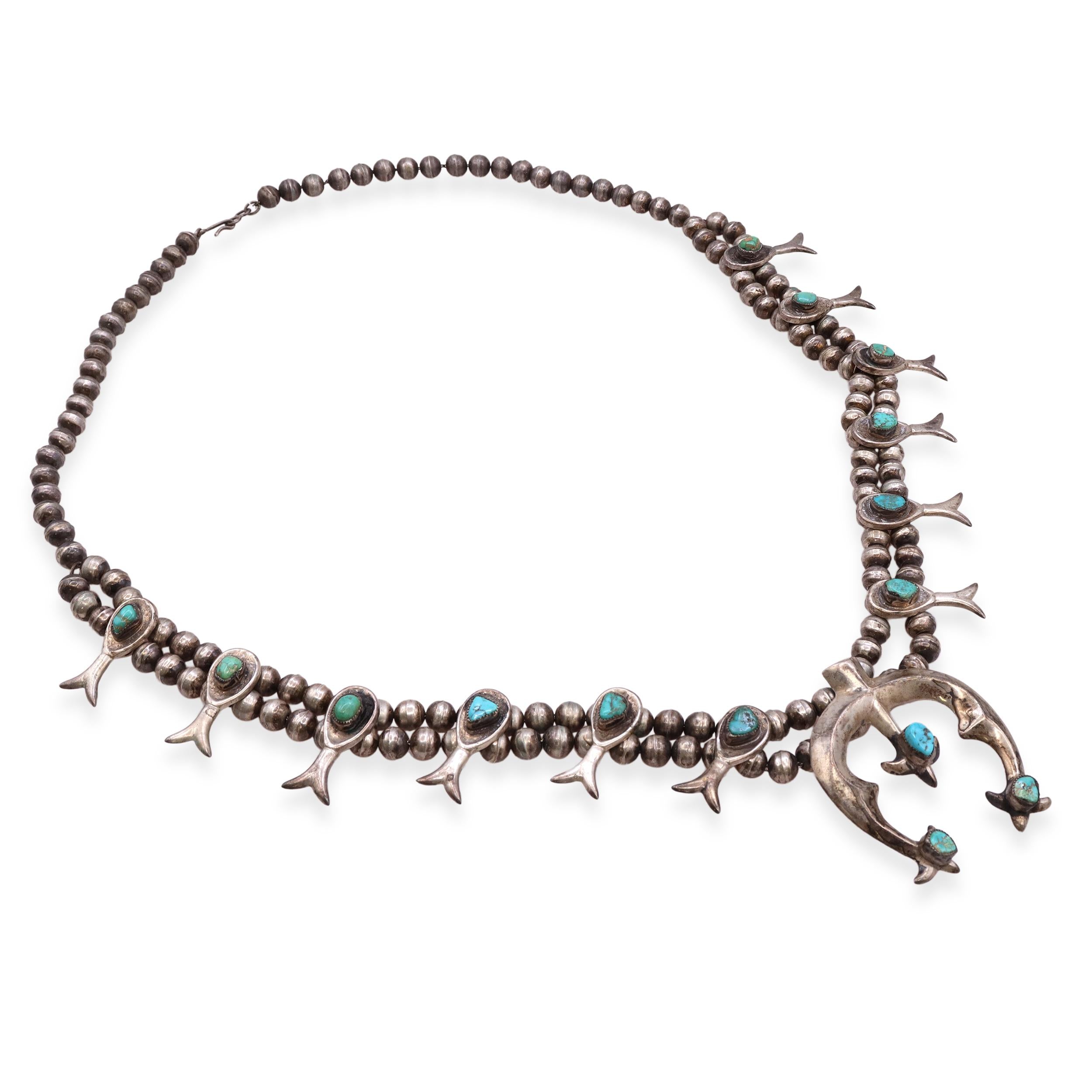 Vintage Navajo Silver Turquoise Squash Blossom Necklace