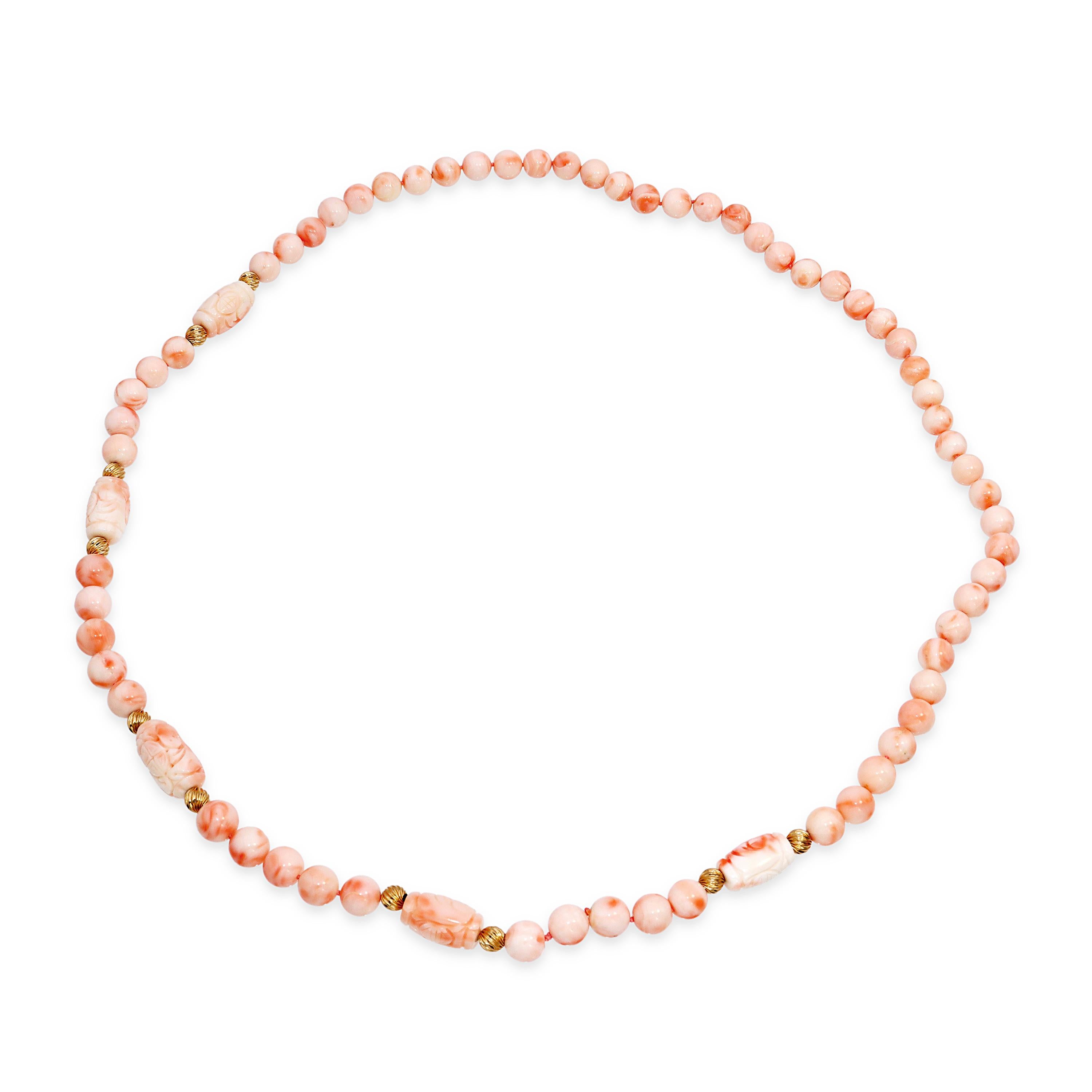 14k Yellow Gold Angel Skin Coral Beaded Necklace with Carved Barrel Accents