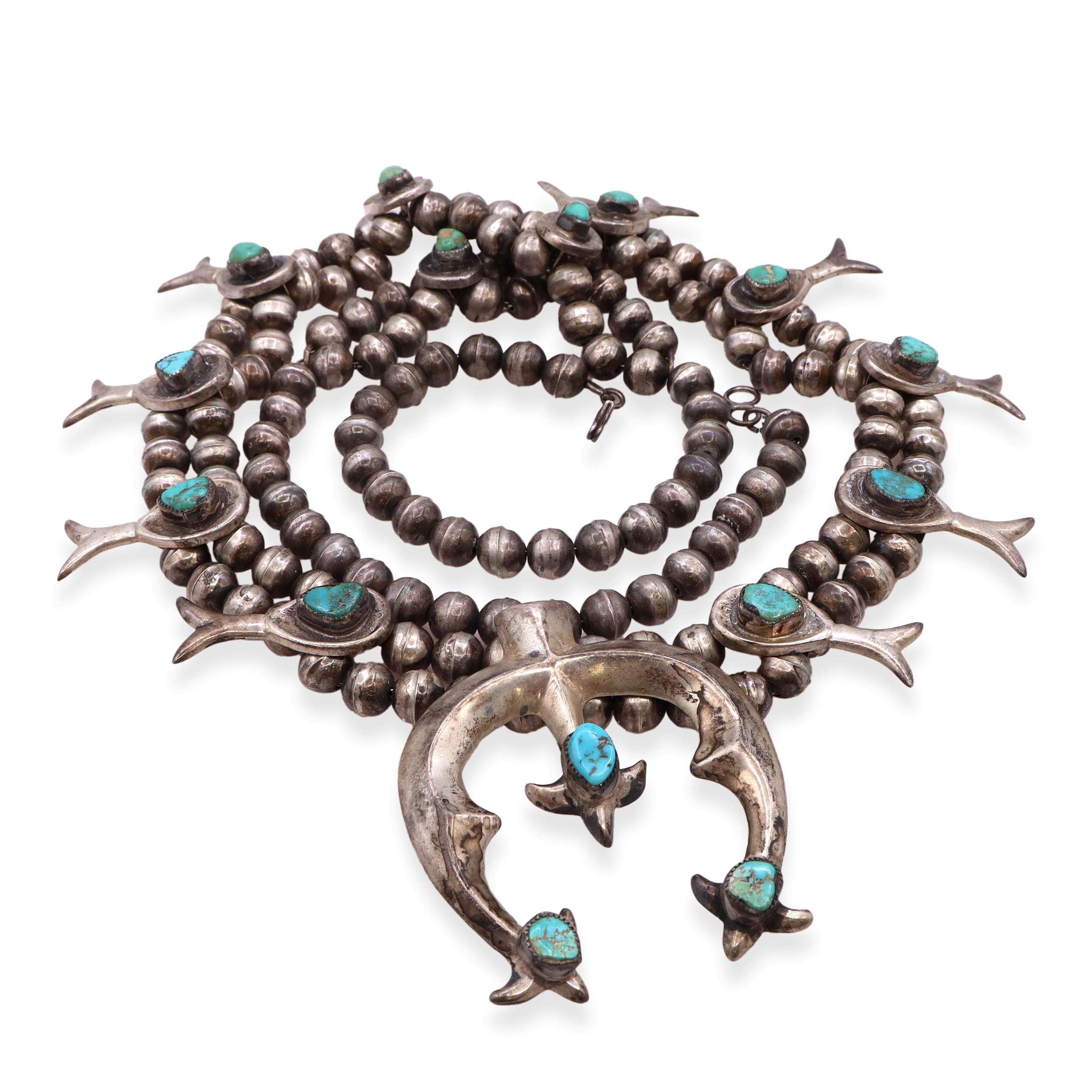 Vintage Navajo Silver Turquoise Squash Blossom Necklace