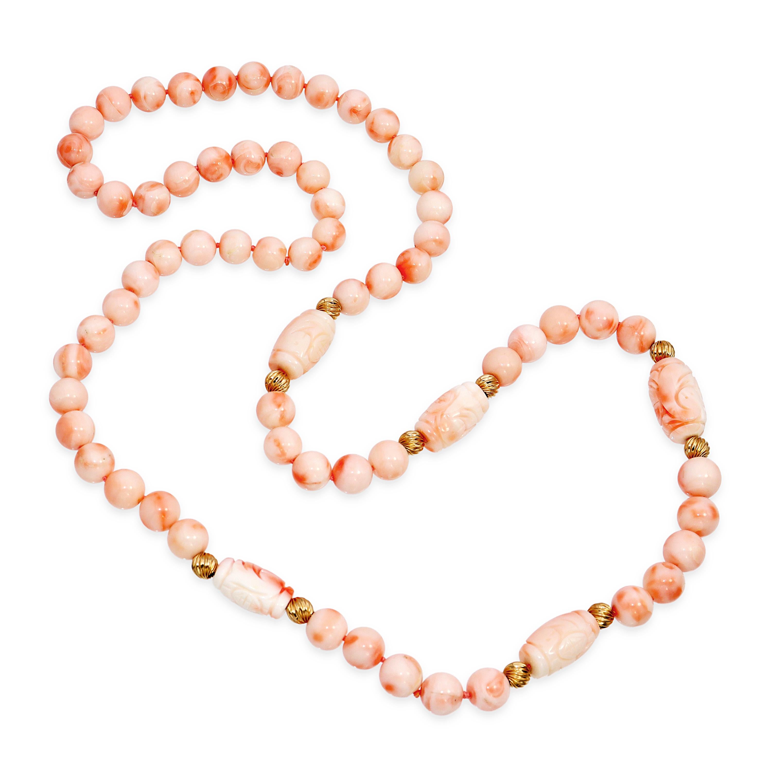 14k Yellow Gold Angel Skin Coral Beaded Necklace with Carved Barrel Accents