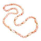 14k Yellow Gold Angel Skin Coral Beaded Necklace with Carved Barrel Accents