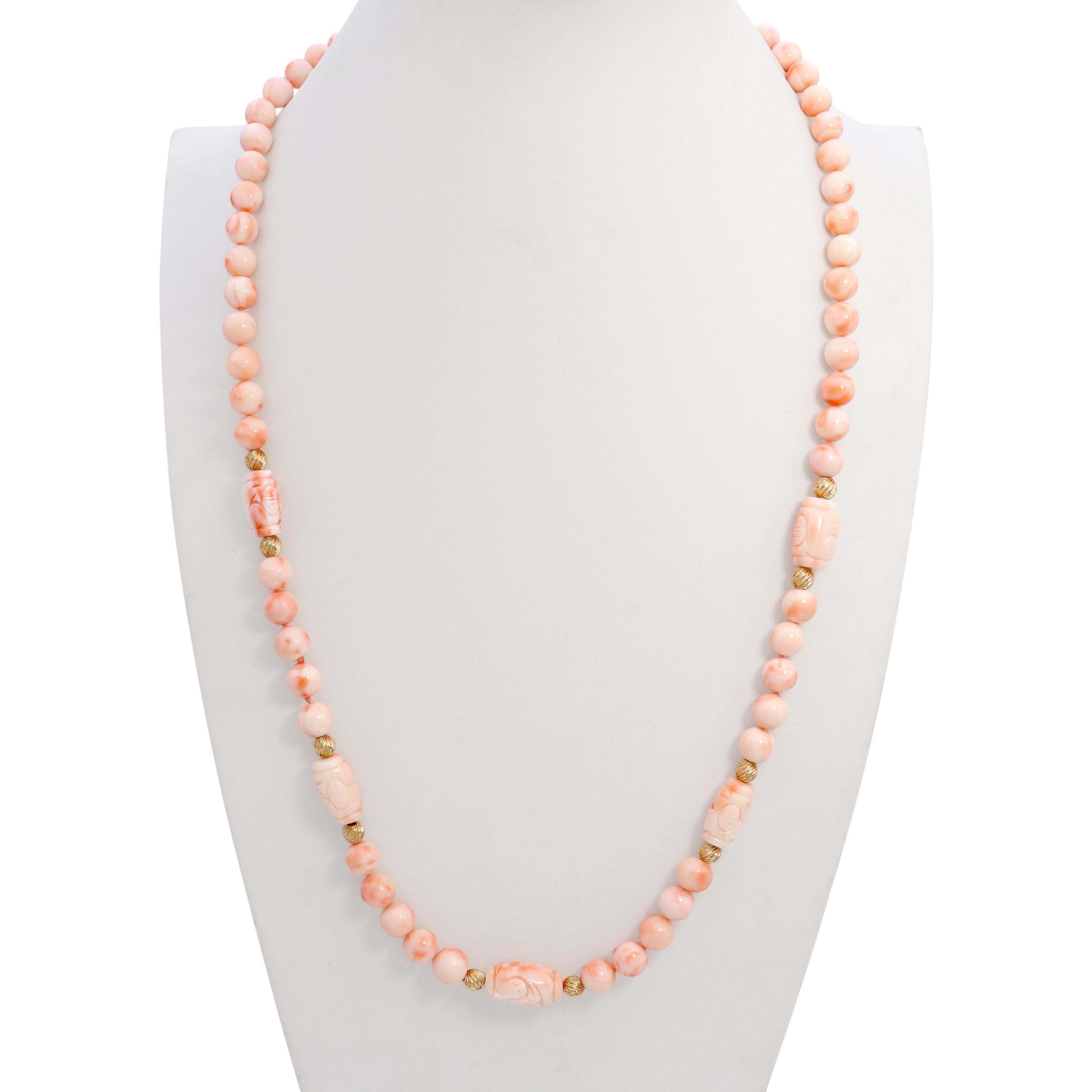 14k Yellow Gold Angel Skin Coral Beaded Necklace with Carved Barrel Accents