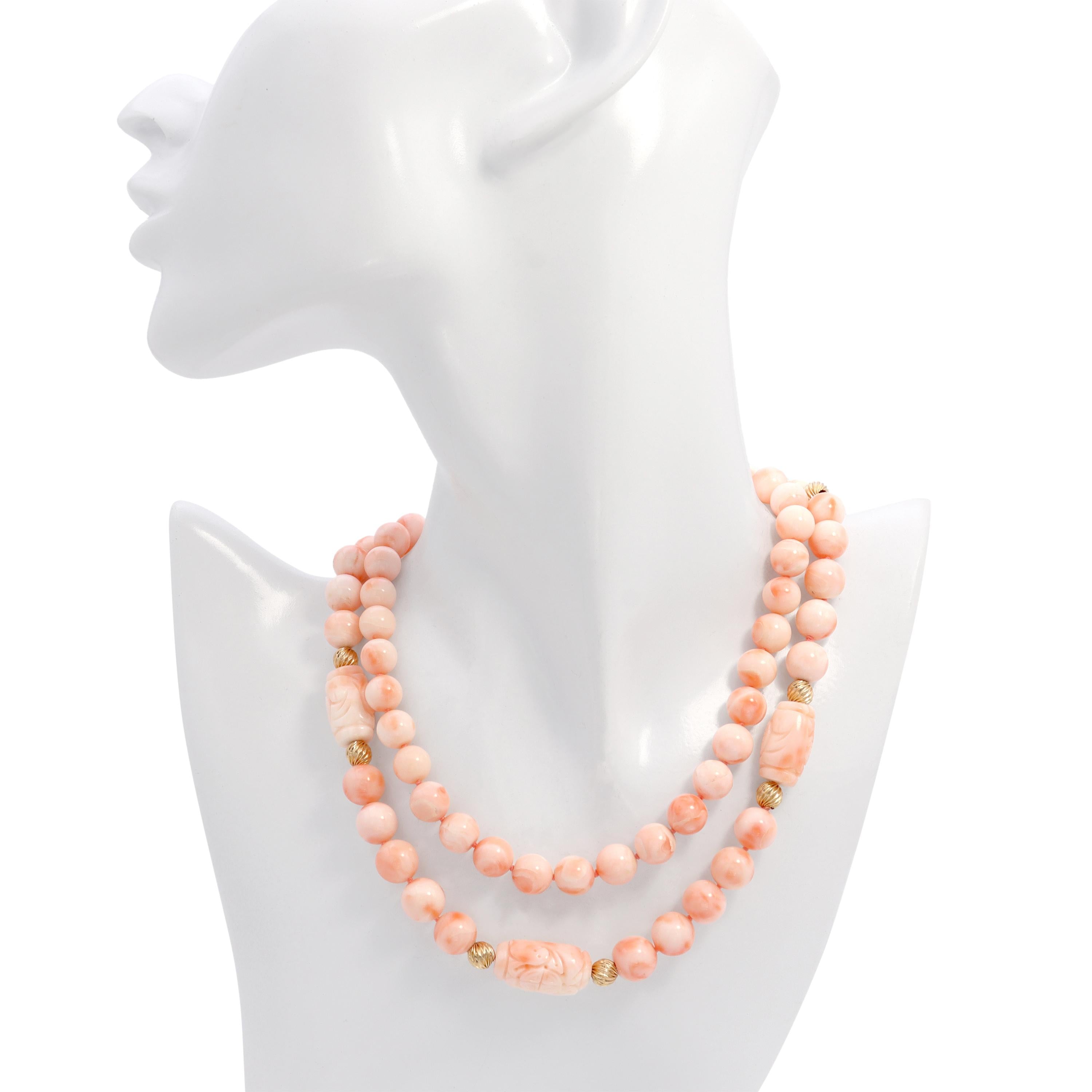 14k Yellow Gold Angel Skin Coral Beaded Necklace with Carved Barrel Accents