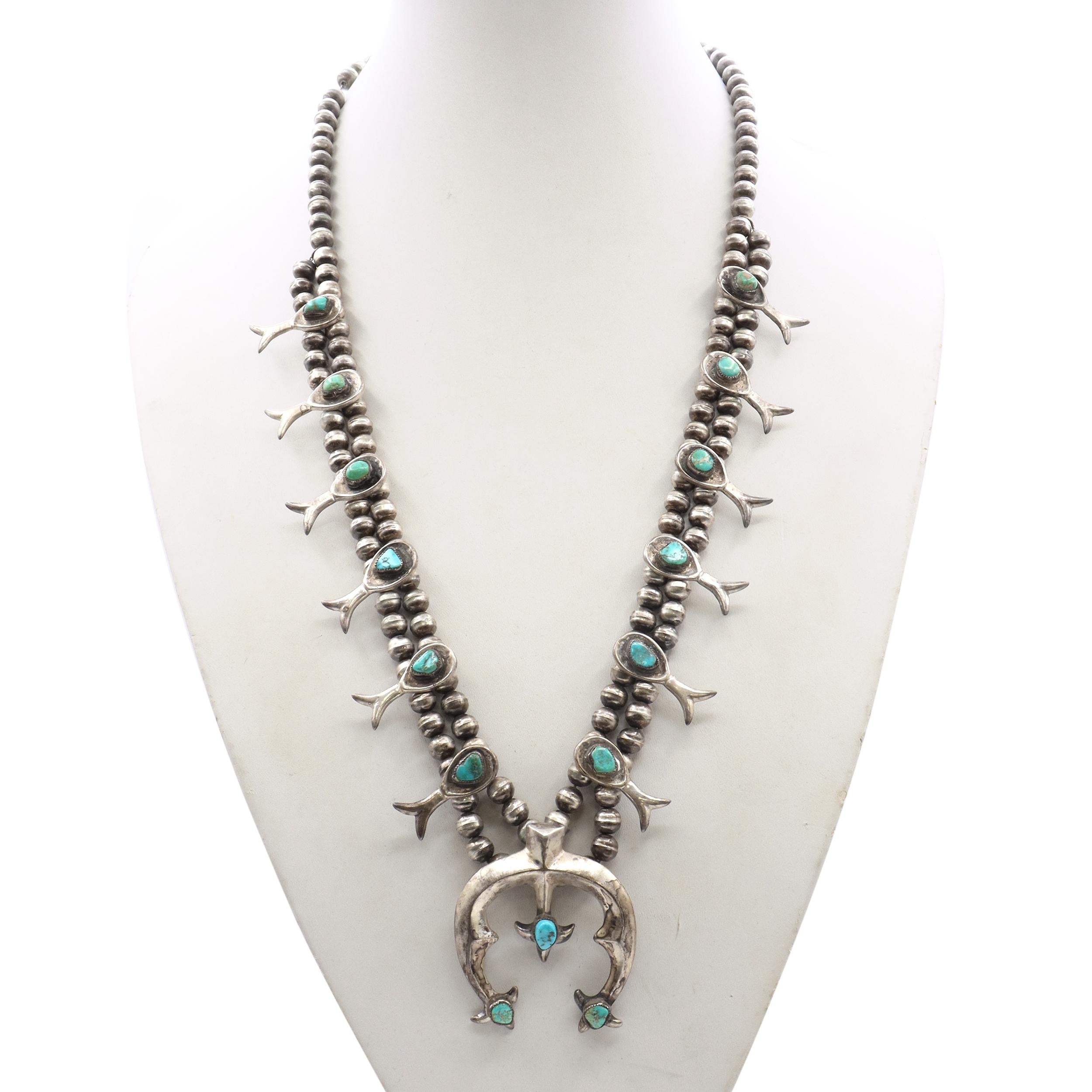 Vintage Navajo Silver Turquoise Squash Blossom Necklace