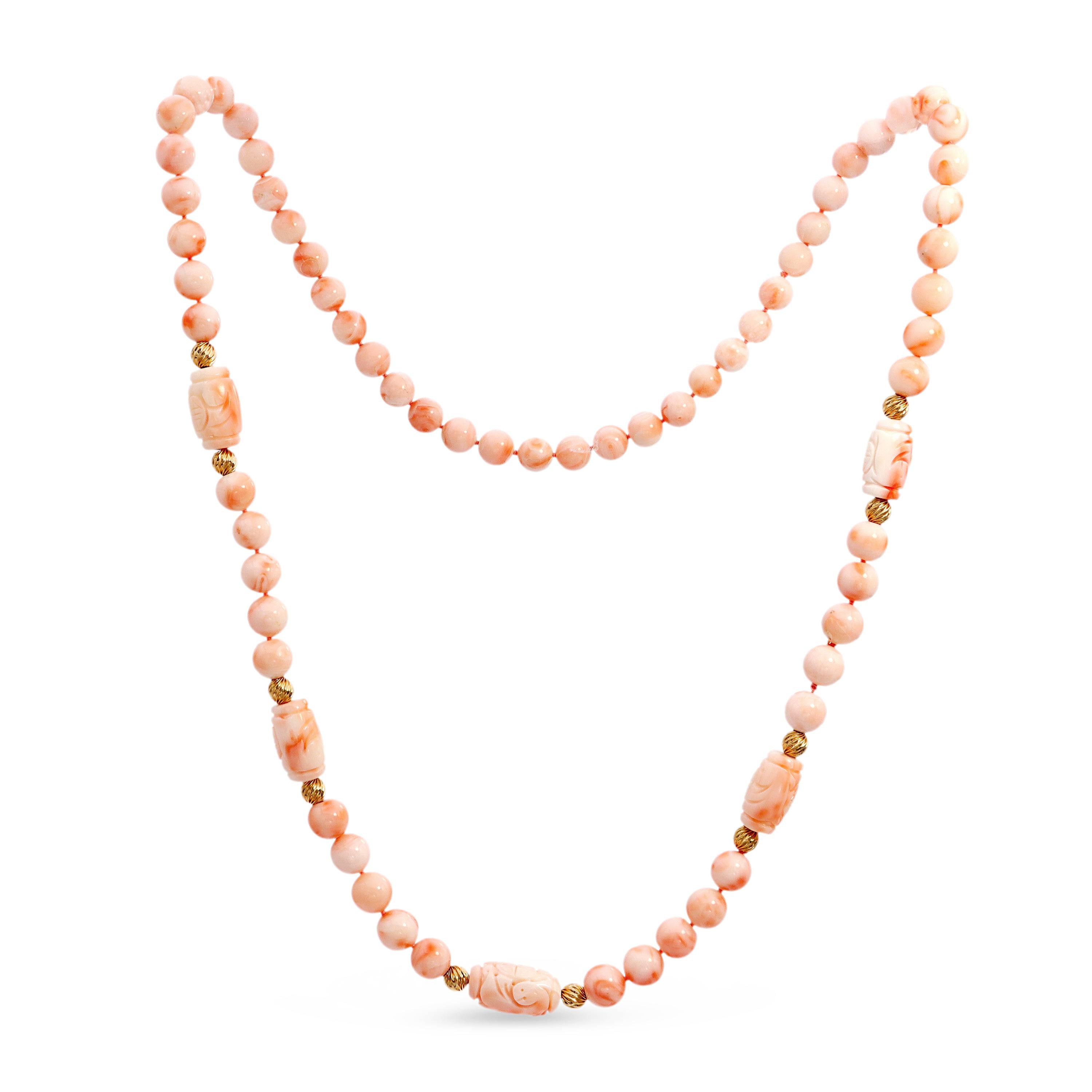 14k Yellow Gold Angel Skin Coral Beaded Necklace with Carved Barrel Accents