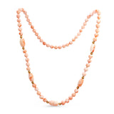 14k Yellow Gold Angel Skin Coral Beaded Necklace with Carved Barrel Accents