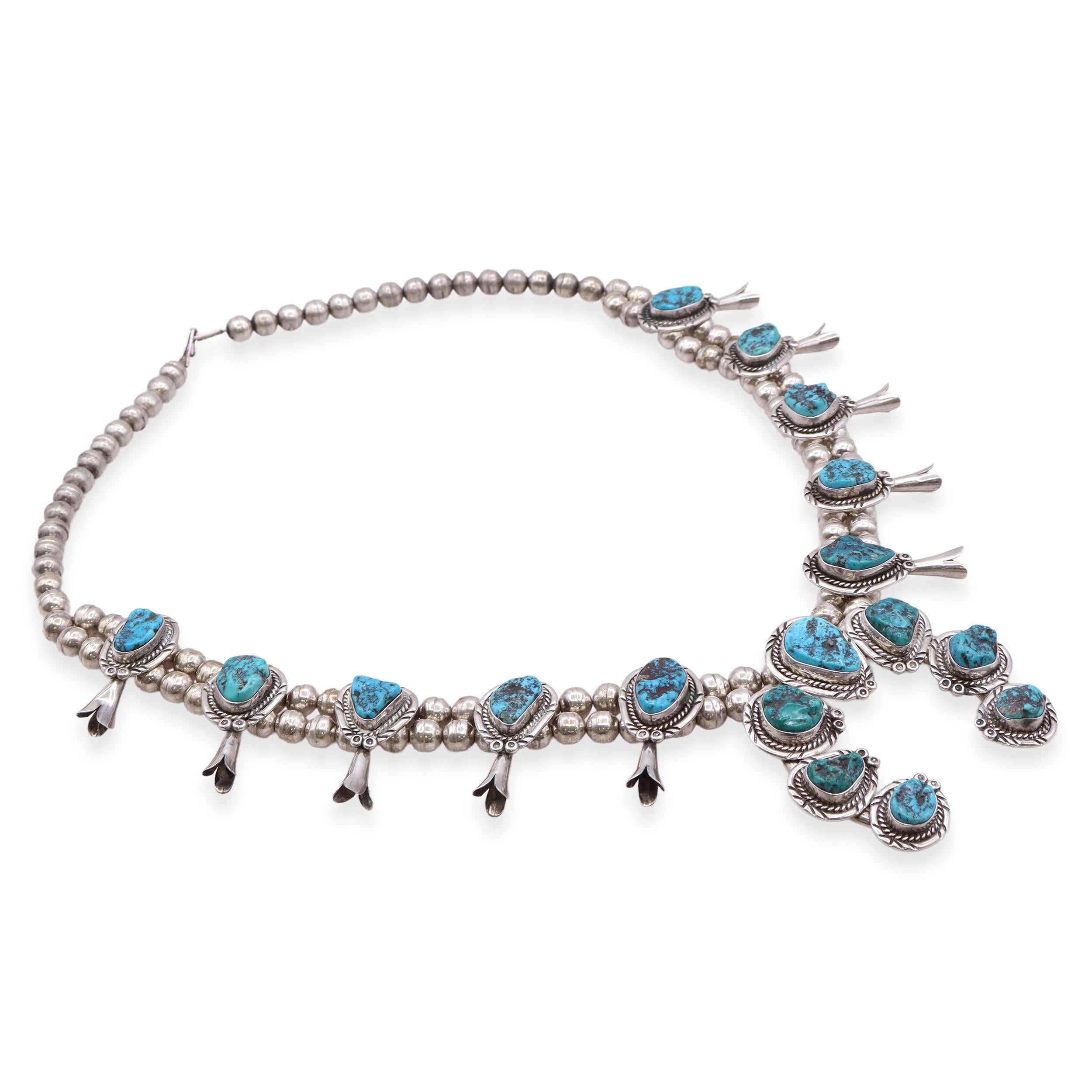 Vintage J.B.J. Navajo Turquoise Sterling Silver Squash Blossom Necklace