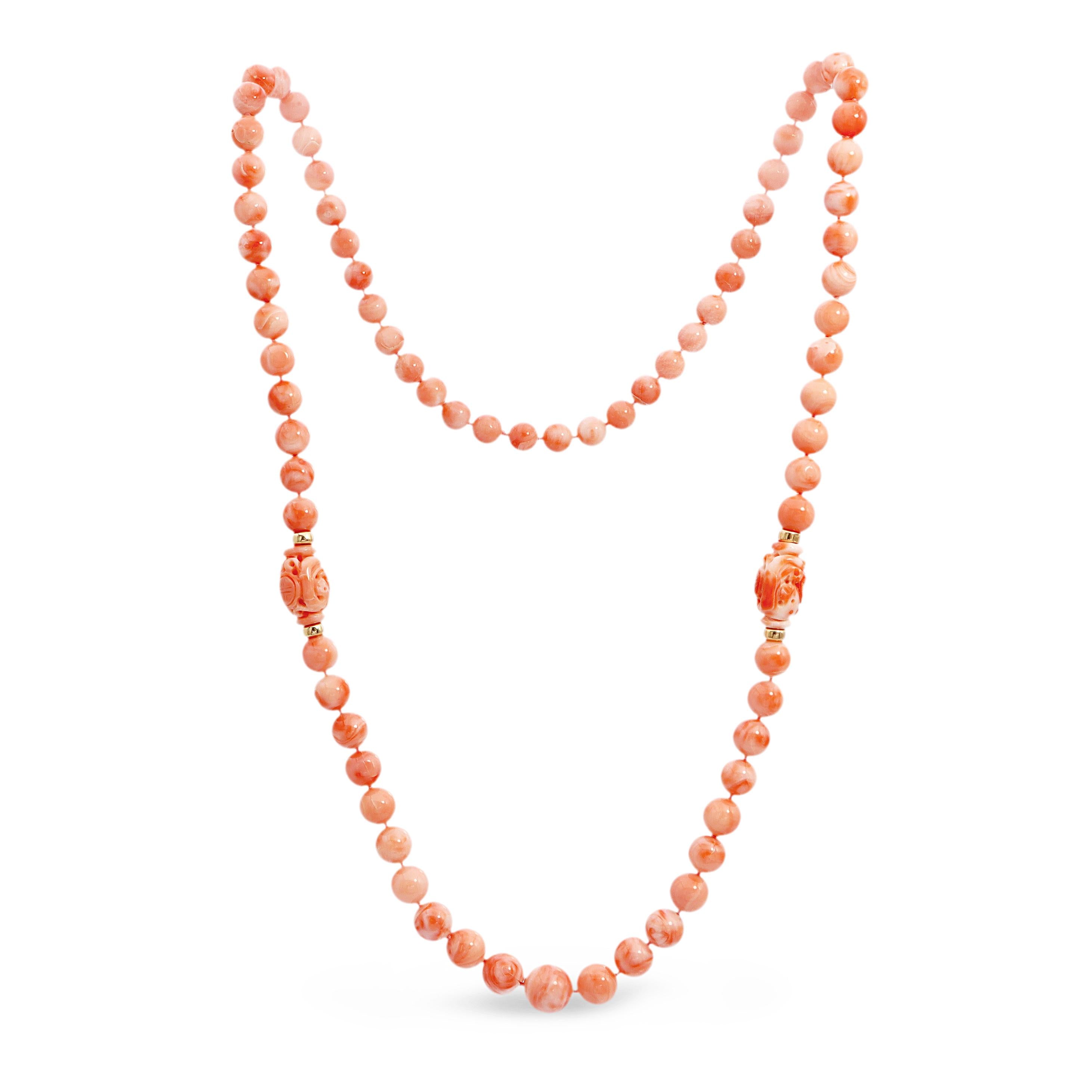 14k Yellow Gold Salmon Angel Skin Coral Beaded Necklace with Carved Accents